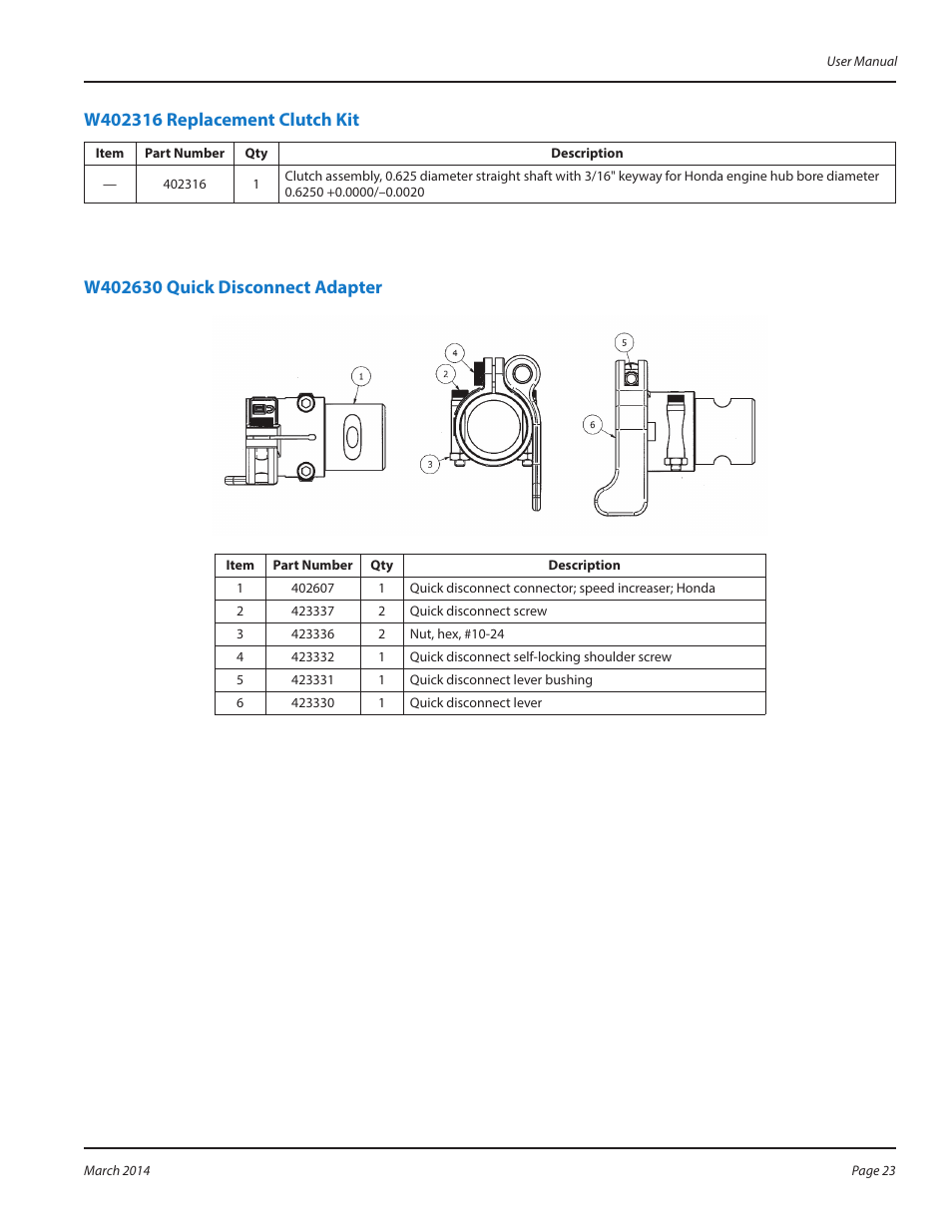 W402316 replacement clutch kit, W402630 quick disconnect adapter | WycoTool WBP50 Backpack User Manual | Page 23 / 24