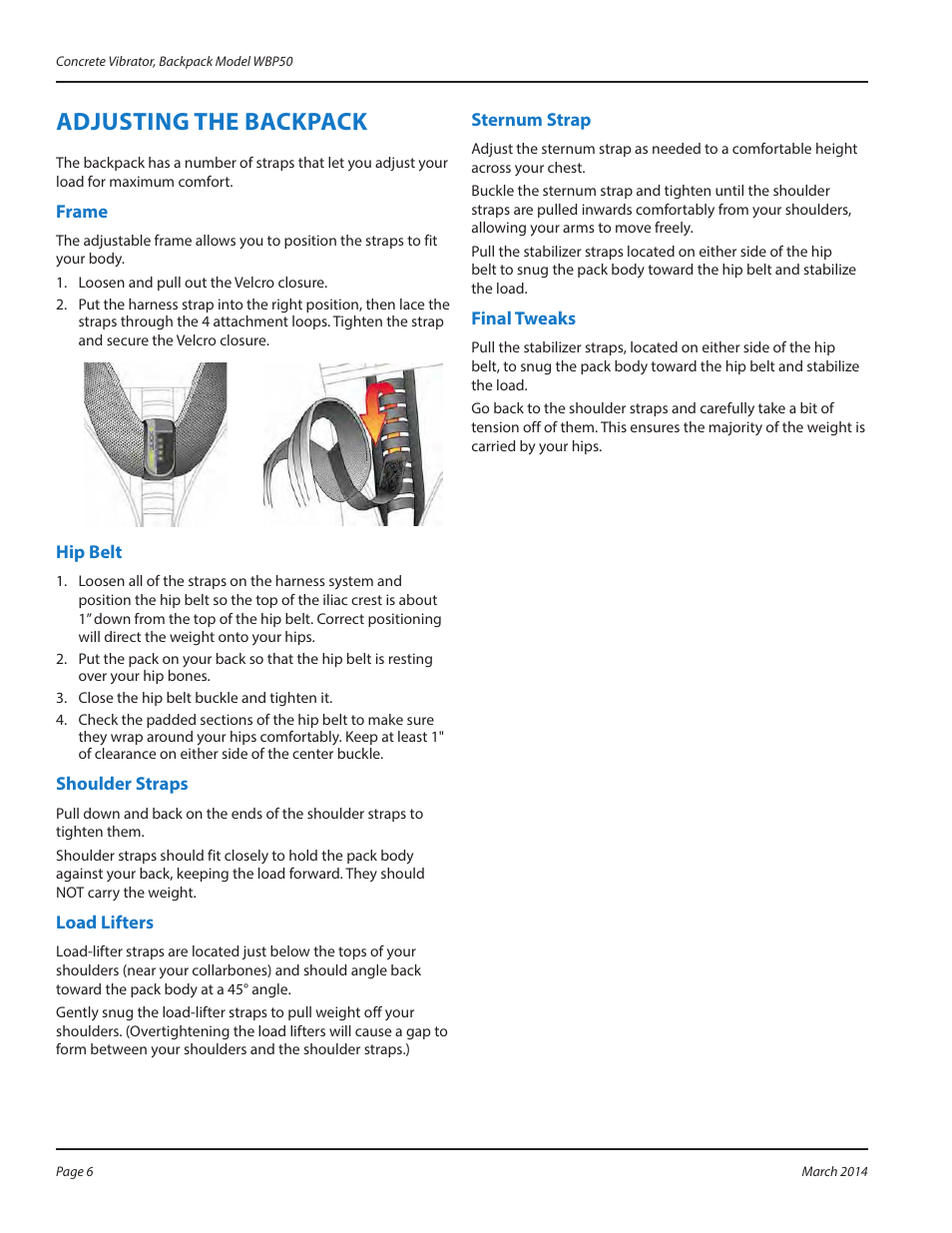 Adjusting the backpack, Frame, Hip belt | Shoulder straps, Load lifters, Sternum strap, Final tweaks | WycoTool WBP50 Backpack User Manual | Page 6 / 24