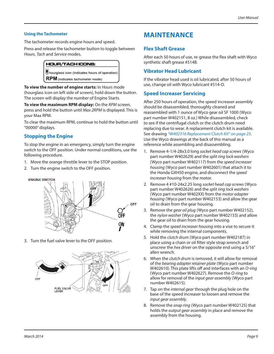 Stopping the engine, Maintenance, Flex shaft grease | Vibrator head lubricant, Speed increaser servicing | WycoTool WBP50 Backpack User Manual | Page 9 / 24