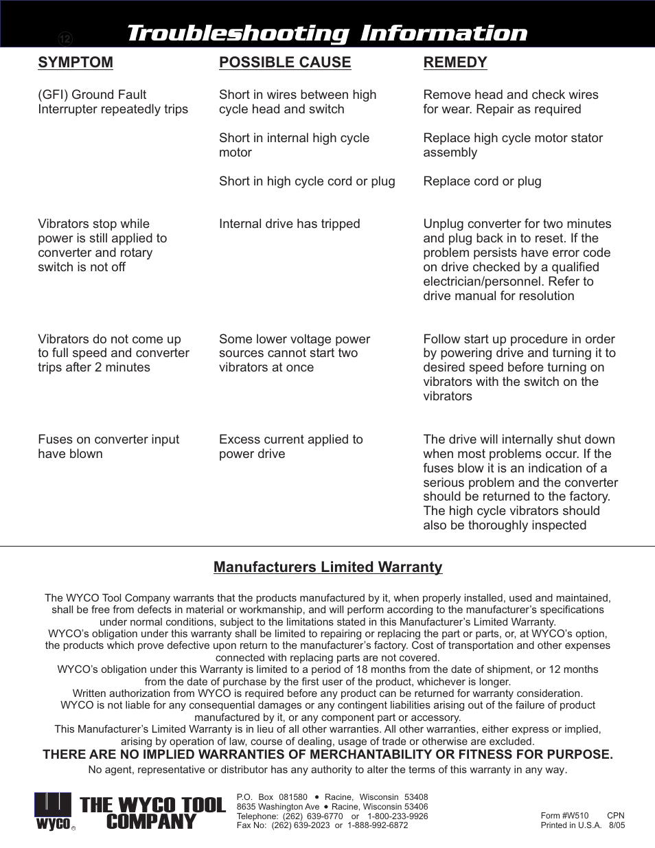 Troubleshooting information, The wyco tool company, Wyco | Symptom, Possible cause, Remedy, Manufacturers limited warranty | WycoTool SELECT-Cycle Converter User Manual | Page 4 / 4