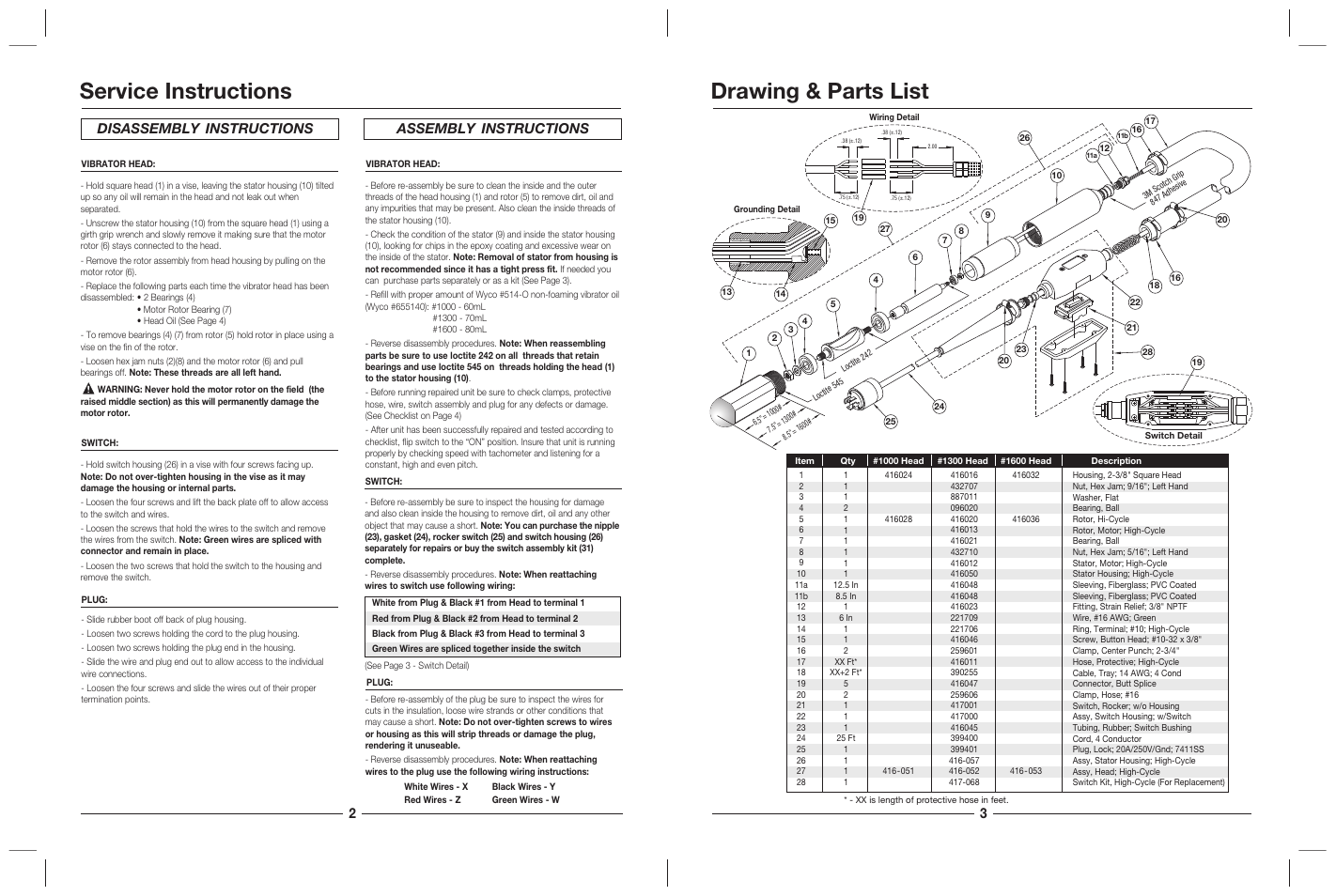Service instructions drawing & parts list, Disassembly instructions assembly instructions | WycoTool High-Cycle Vibrator User Manual | Page 2 / 4
