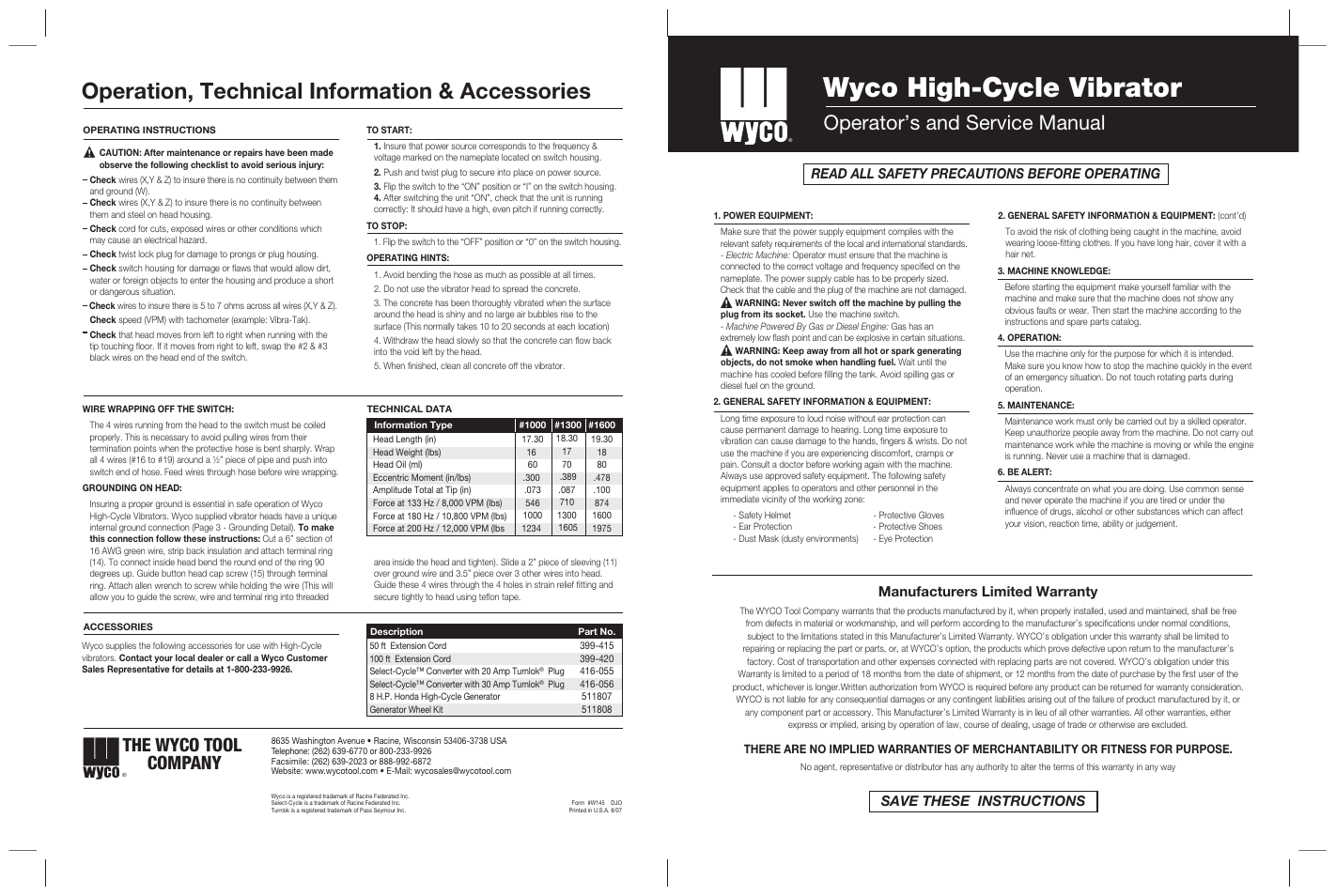 Wyco high-cycle vibrator, Operation, technical information & accessories, Operator’s and service manual | The wyco tool company, Manufacturers limited warranty, Read all safety precautions before operating, Save these instructions | WycoTool High-Cycle Vibrator User Manual | Page 4 / 4