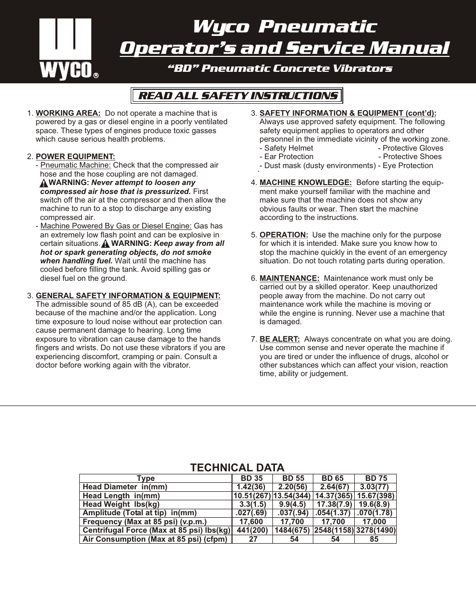 WycoTool BD Pneumatic Concrete Vibrators User Manual | 4 pages