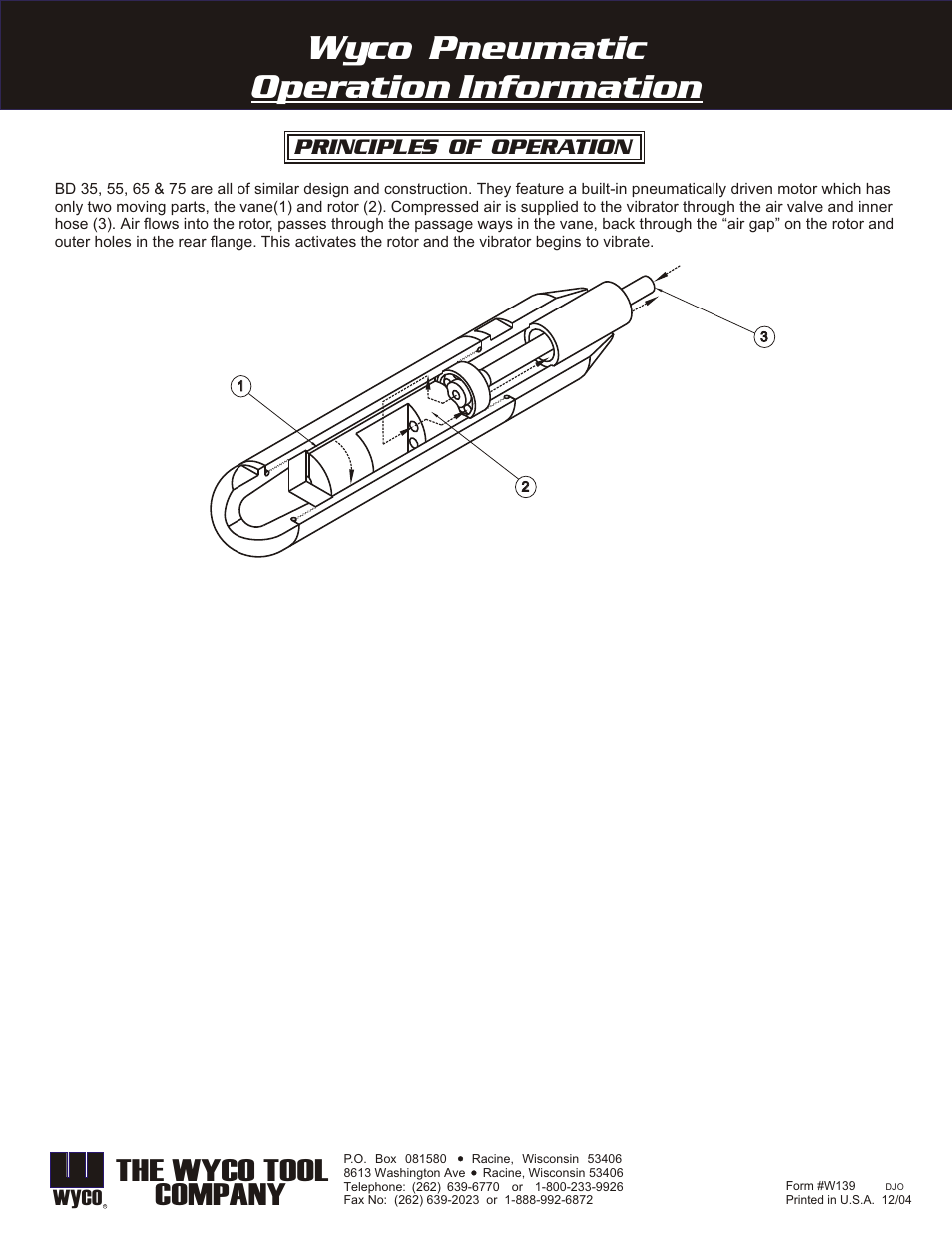 Wyco pneumatic operation information, The wyco tool company, Wyco | WycoTool BD Pneumatic Concrete Vibrators User Manual | Page 4 / 4