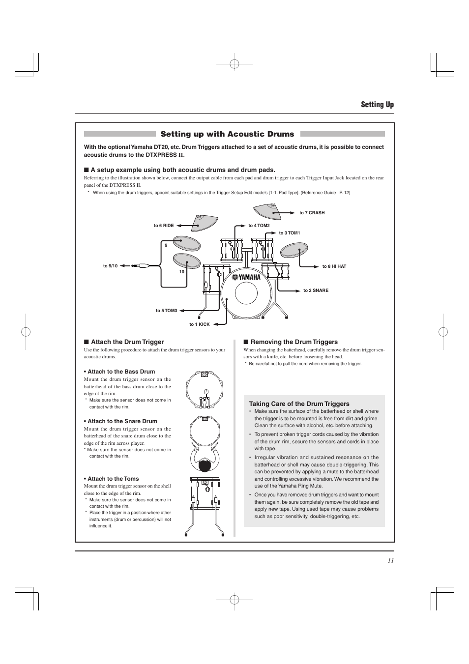 Setting up, Setting up with acoustic drums | Yamaha DTXPRESS II User Manual | Page 11 / 184