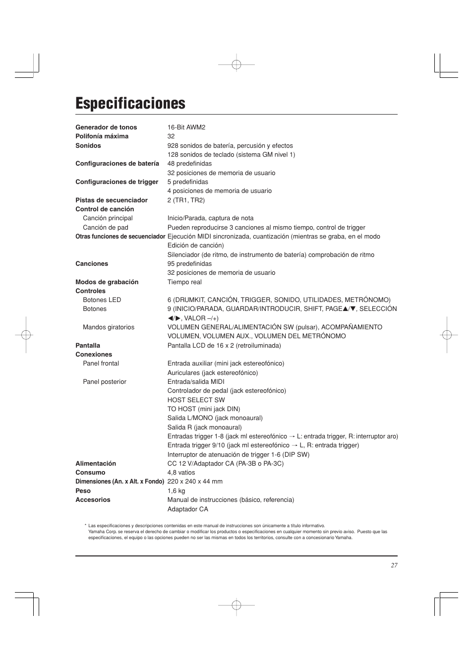 Especificaciones | Yamaha DTXPRESS II User Manual | Page 117 / 184