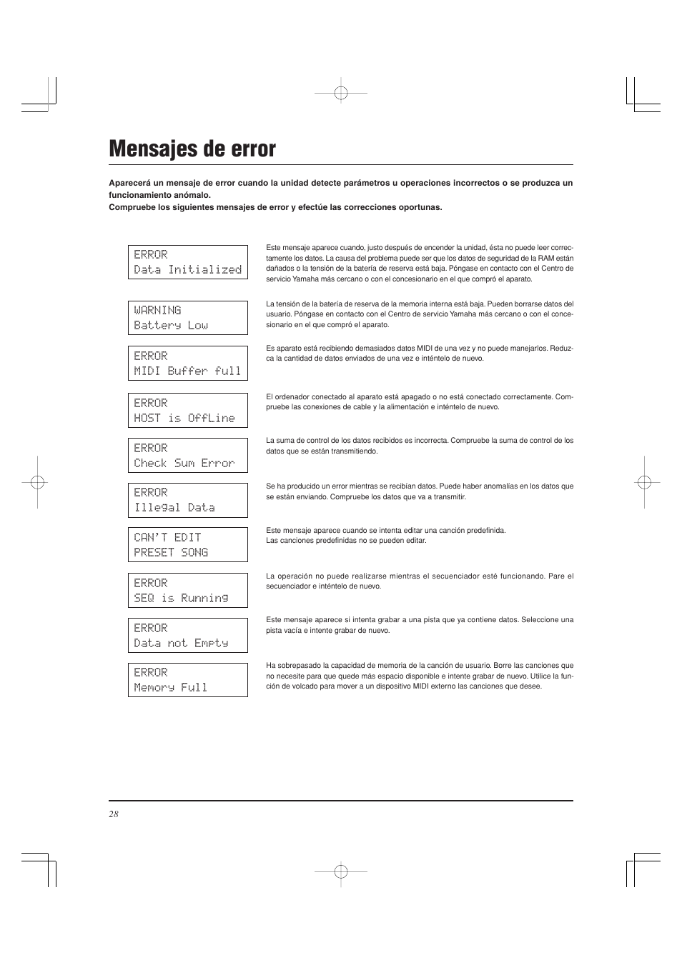 Mensajes de error | Yamaha DTXPRESS II User Manual | Page 118 / 184