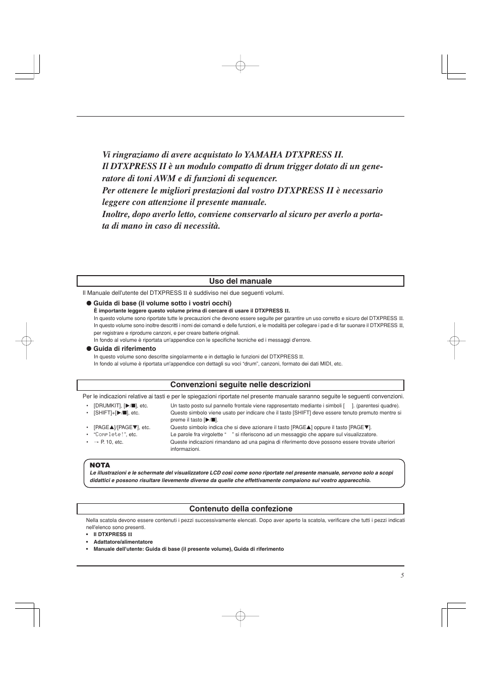 Contenuto della confezione, Uso del manuale, Convenzioni seguite nelle descrizioni | Yamaha DTXPRESS II User Manual | Page 125 / 184