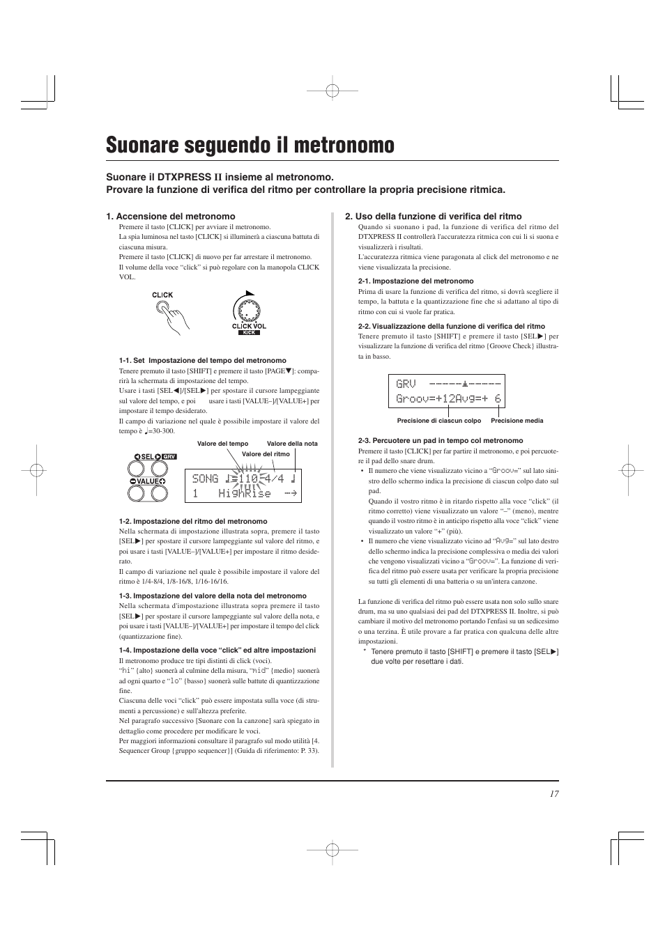 Suonare seguendo il metronomo, Grv -----¨----- groov=+12avg=+ 6 | Yamaha DTXPRESS II User Manual | Page 137 / 184