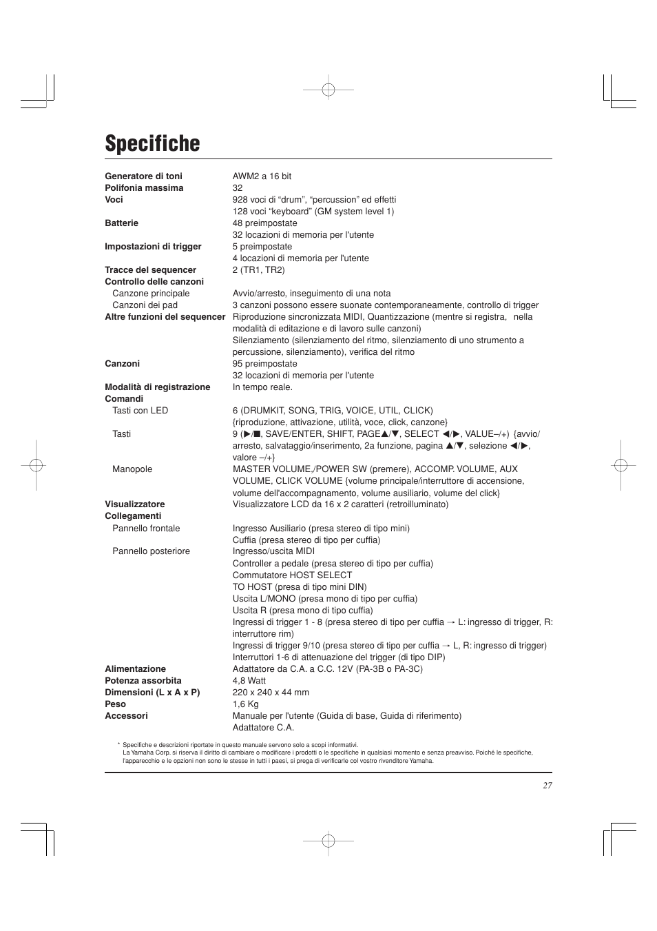 Specifiche | Yamaha DTXPRESS II User Manual | Page 147 / 184