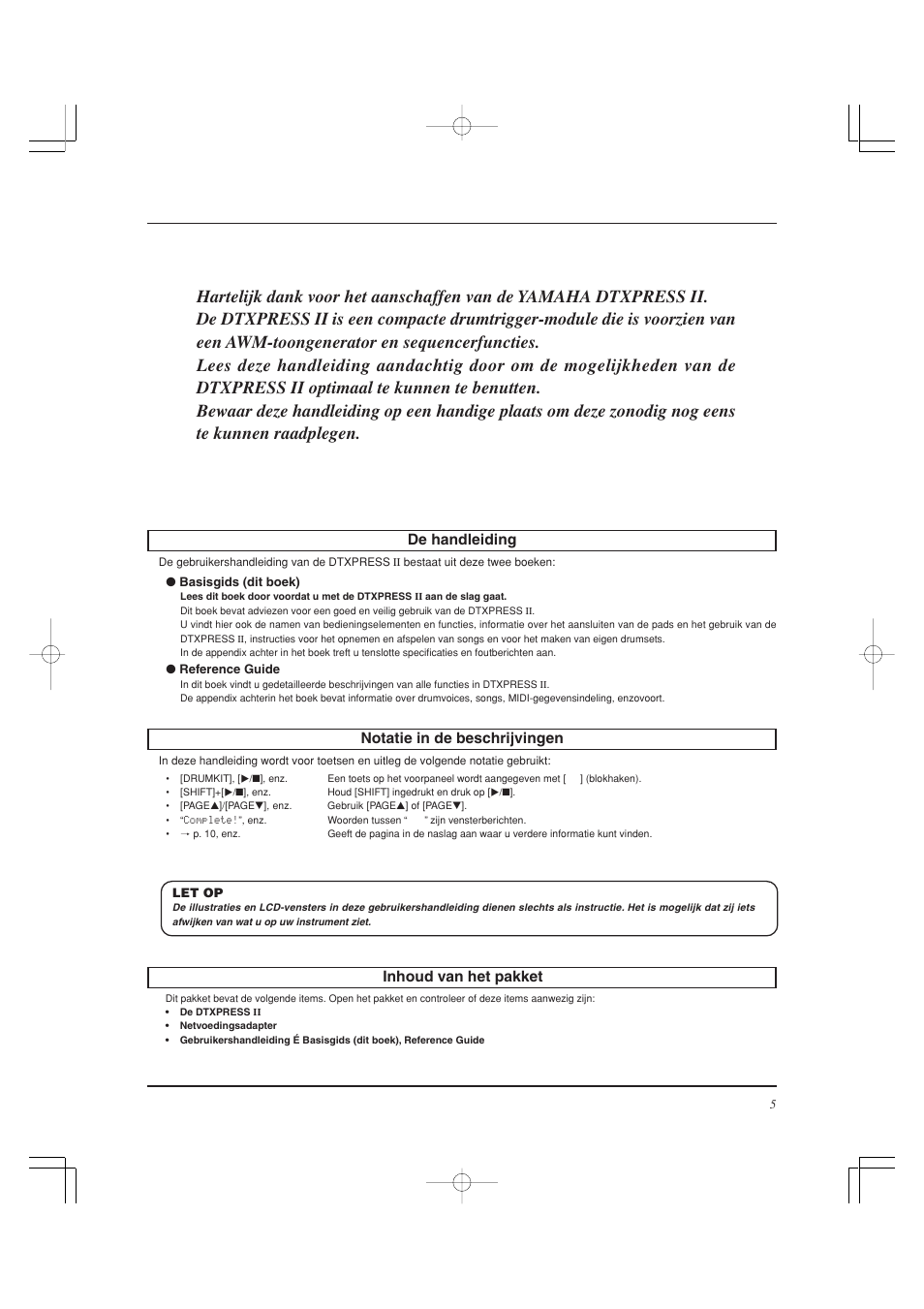 Inhoud van het pakket, De handleiding, Notatie in de beschrijvingen | Yamaha DTXPRESS II User Manual | Page 155 / 184