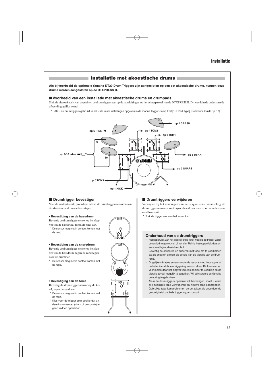Installatie, Installatie met akoestische drums | Yamaha DTXPRESS II User Manual | Page 161 / 184
