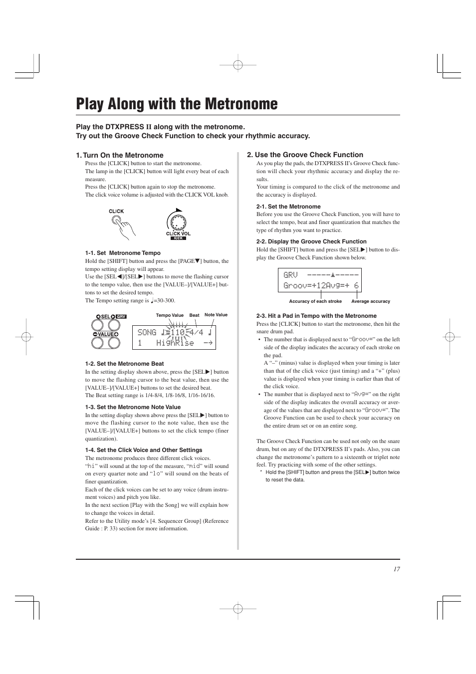 Play along with the metronome | Yamaha DTXPRESS II User Manual | Page 17 / 184