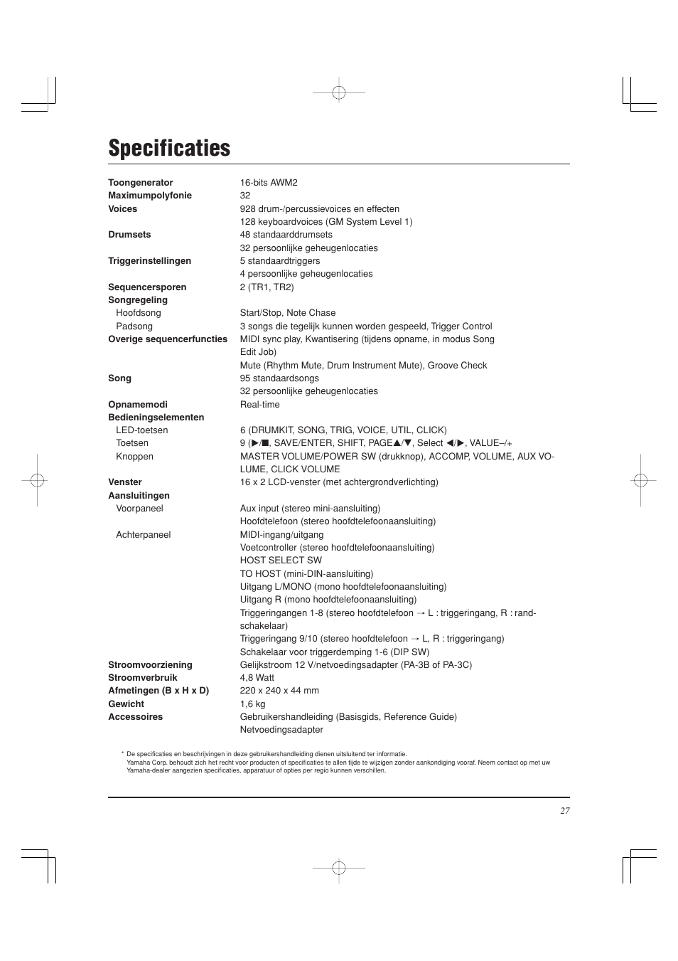Specificaties | Yamaha DTXPRESS II User Manual | Page 177 / 184