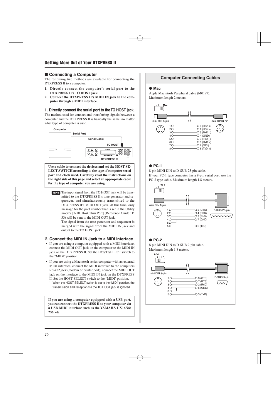 Getting more out of your dtxpress, Connecting a computer, Connect the midi in jack to a midi interface | Computer connecting cables | Yamaha DTXPRESS II User Manual | Page 26 / 184