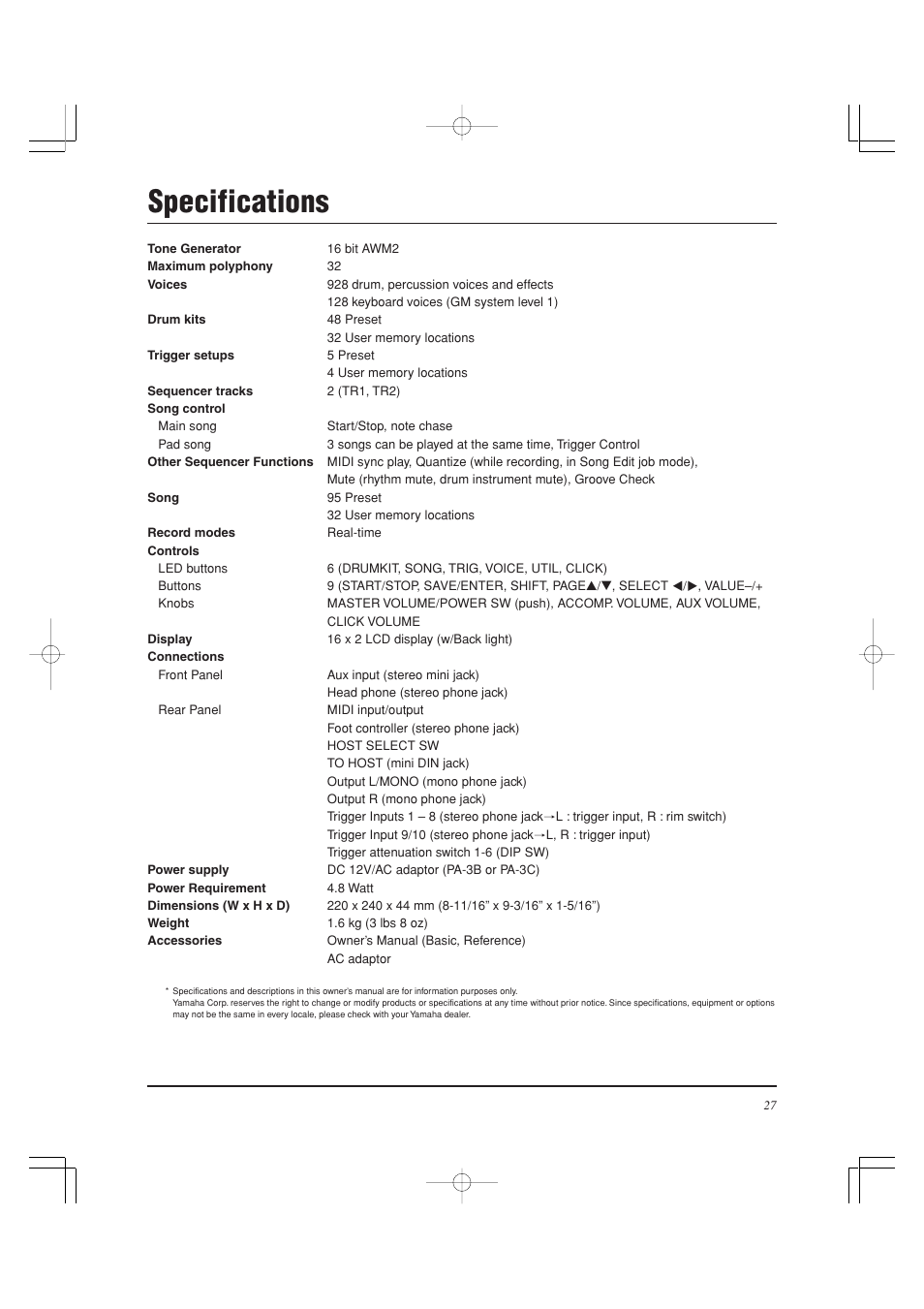 Specifications | Yamaha DTXPRESS II User Manual | Page 27 / 184