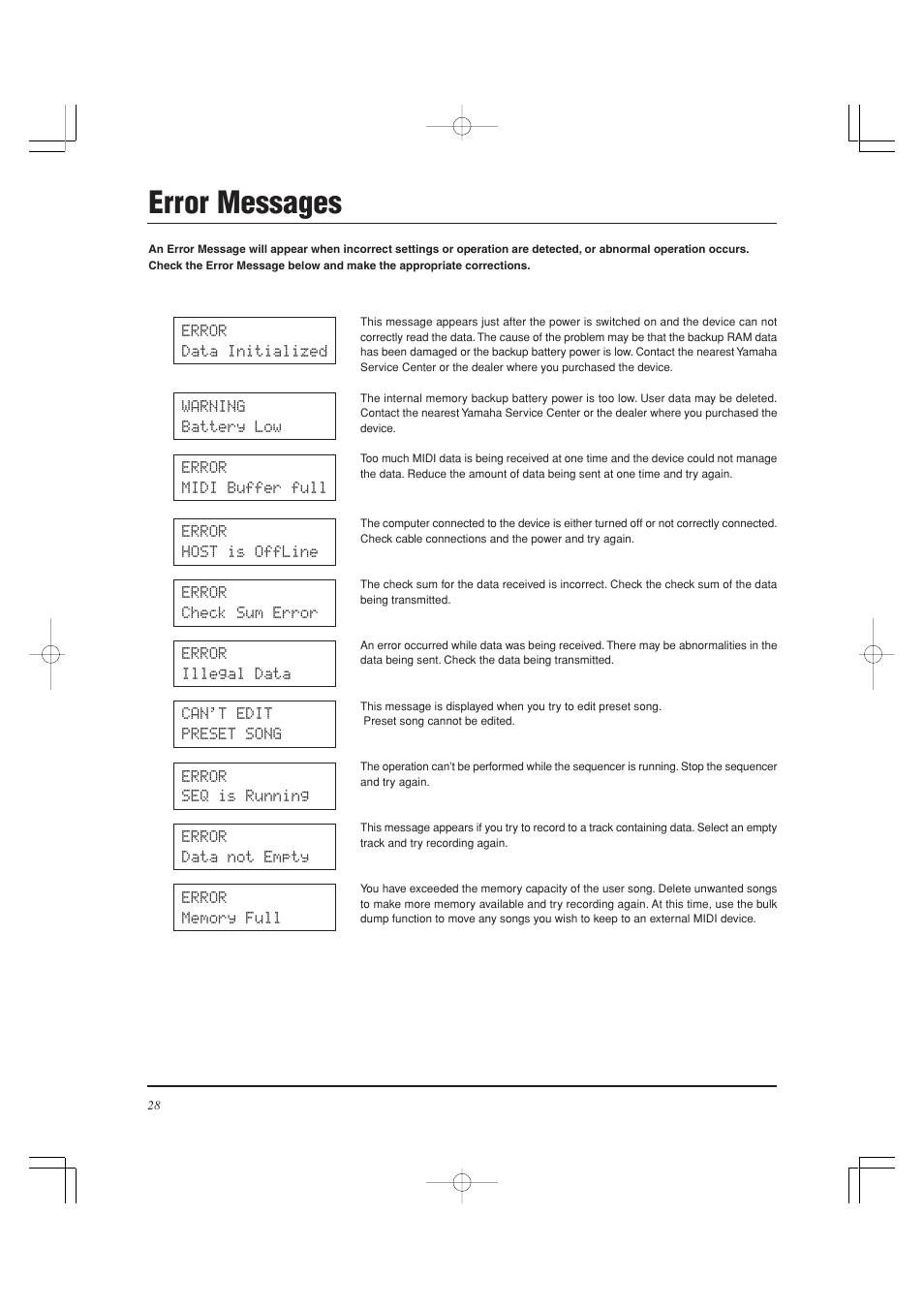 Error messages | Yamaha DTXPRESS II User Manual | Page 28 / 184