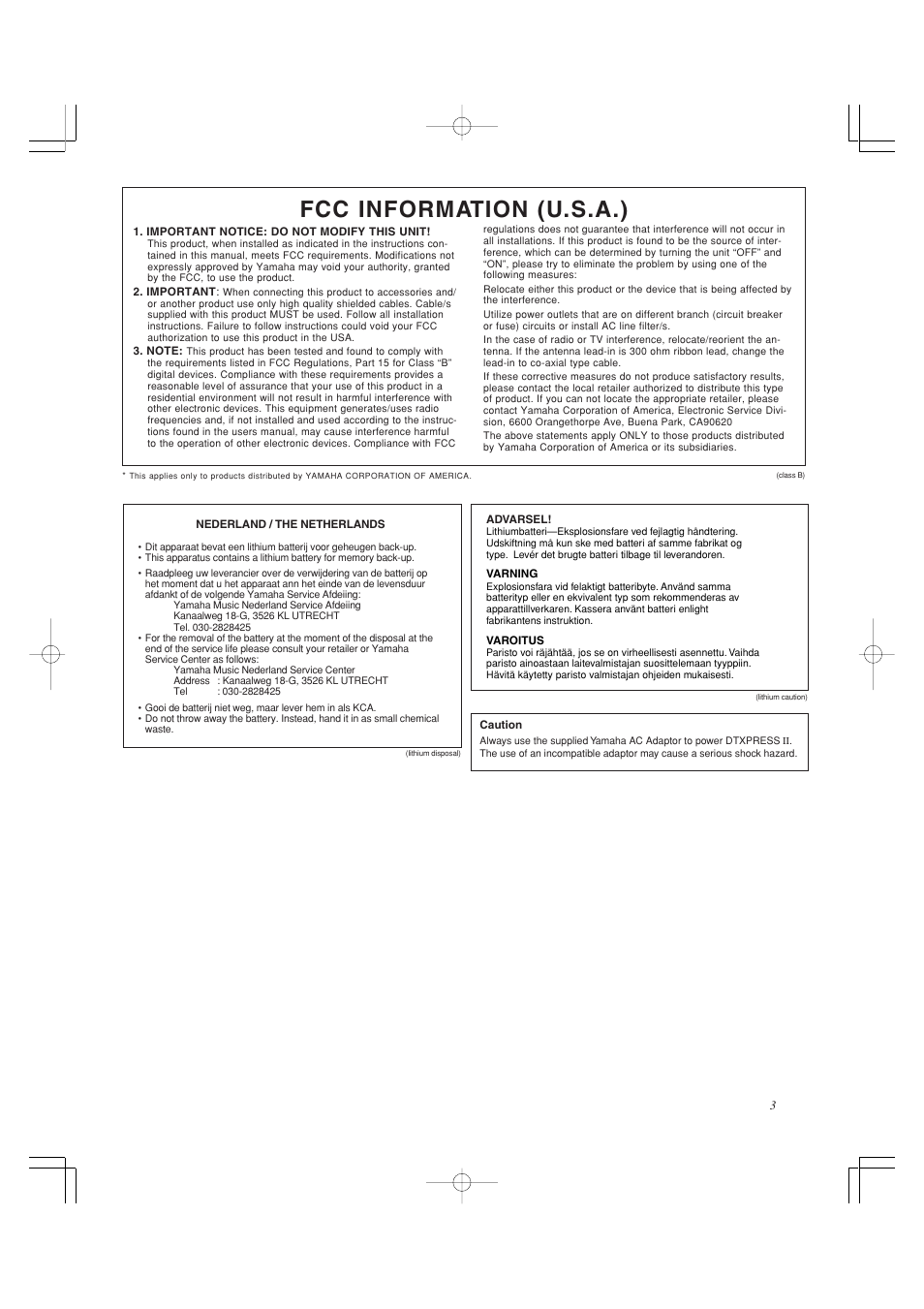 Fcc information (u.s.a.) | Yamaha DTXPRESS II User Manual | Page 3 / 184