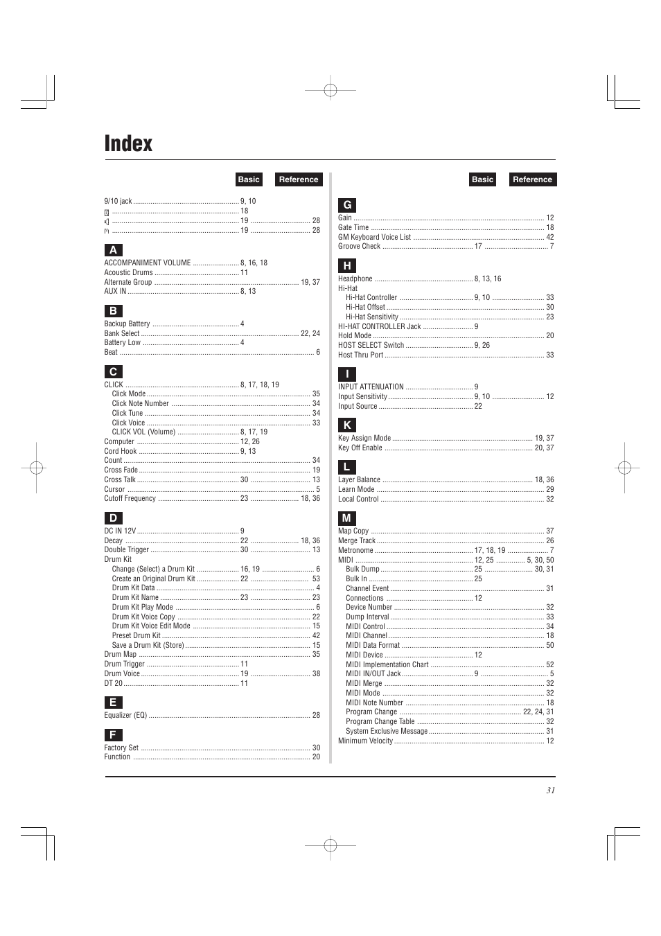Index | Yamaha DTXPRESS II User Manual | Page 31 / 184