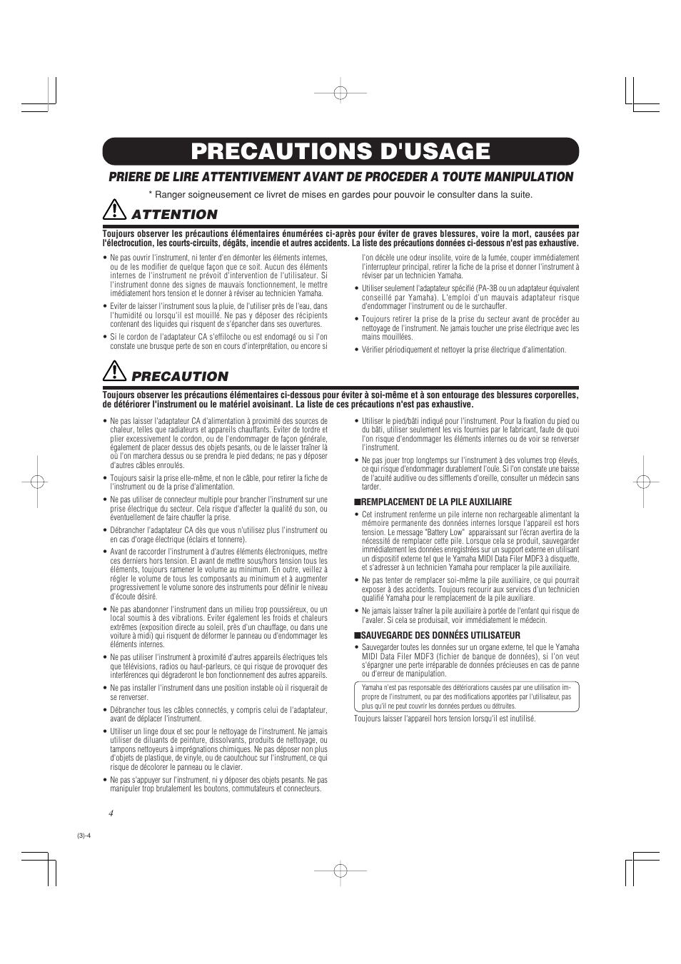 Precautions d'usage, Attention, Precaution | Yamaha DTXPRESS II User Manual | Page 34 / 184