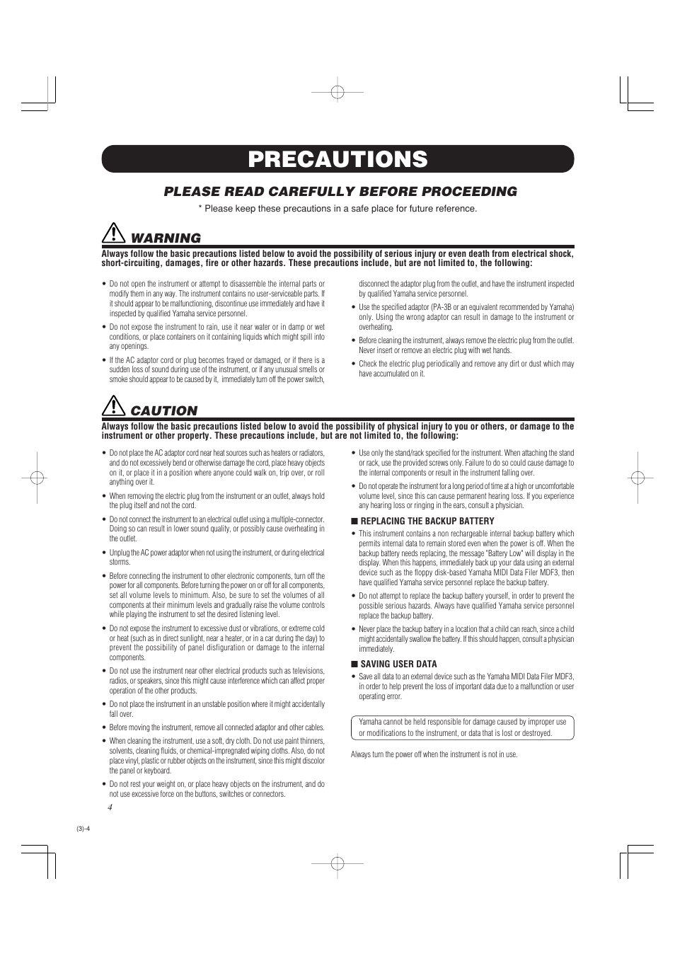 English, Precautions, Please read carefully before proceeding | Warning, Caution | Yamaha DTXPRESS II User Manual | Page 4 / 184