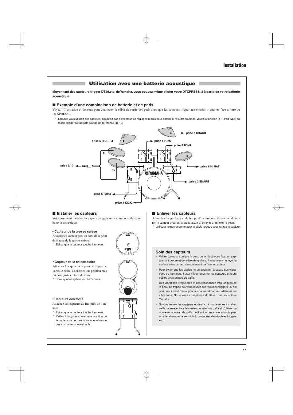 Installation, Utilisation avec une batterie acoustique | Yamaha DTXPRESS II User Manual | Page 41 / 184