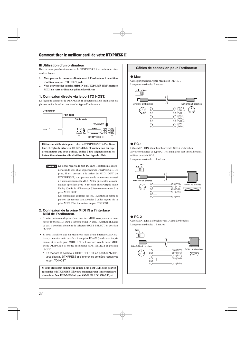 Comment tirer le meilleur parti de votre dtxpress, 26 ■ utilisation d’un ordinateur, Connexion directe via le port to host | Câbles de connexion pour l’ordinateur ● mac, Pc-1, Pc-2 | Yamaha DTXPRESS II User Manual | Page 56 / 184