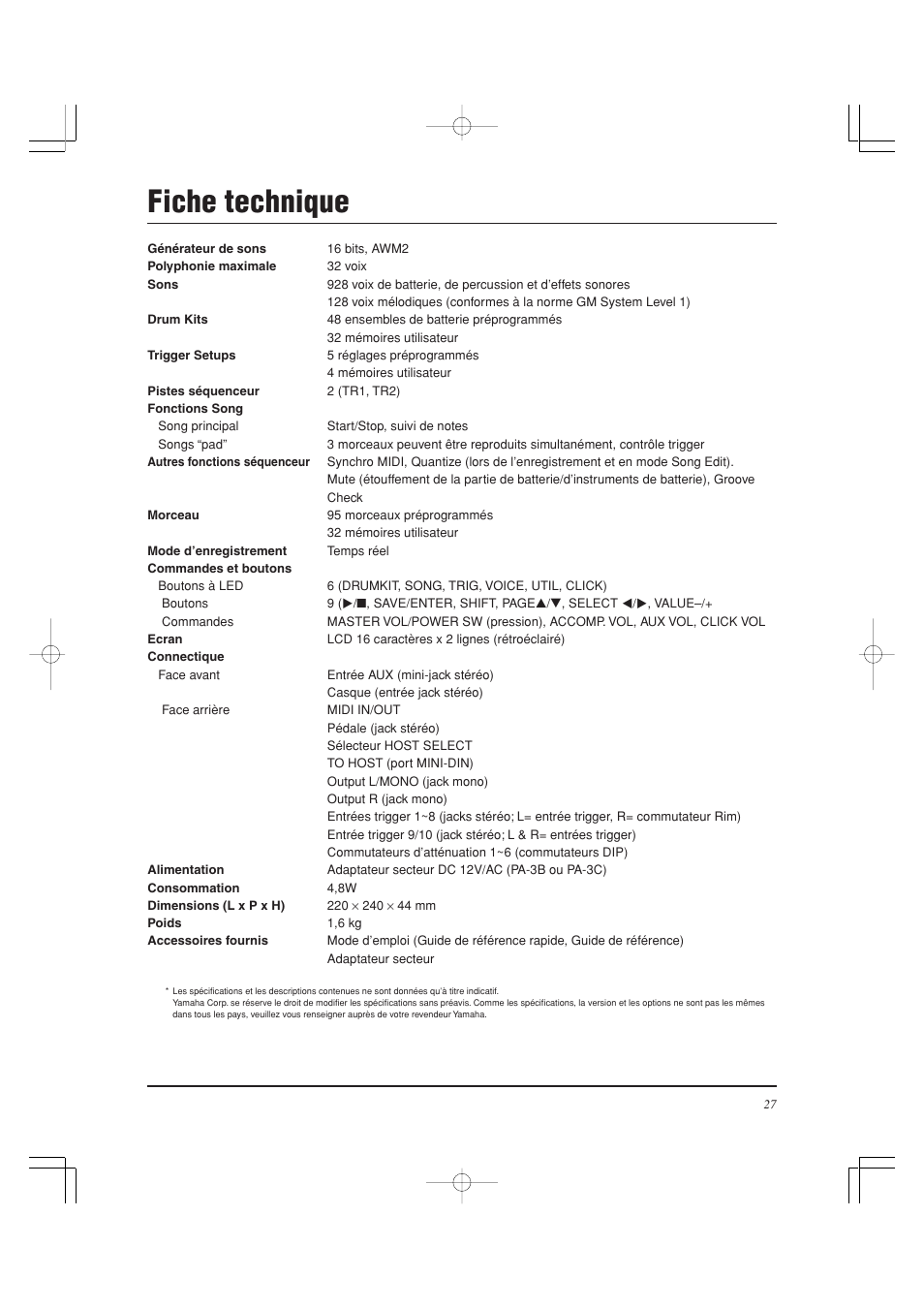 Fiche technique | Yamaha DTXPRESS II User Manual | Page 57 / 184