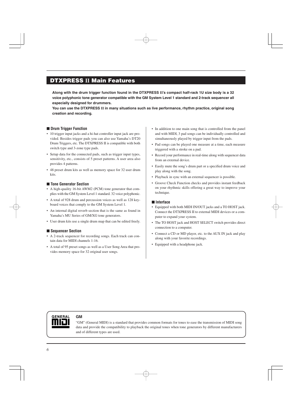 Dtxpress ii main features | Yamaha DTXPRESS II User Manual | Page 6 / 184