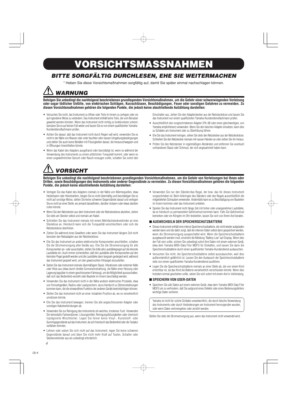 Vorsichtsmassnahmen, Bitte sorgfältig durchlesen, ehe sie weitermachen, Warnung | Vorsicht | Yamaha DTXPRESS II User Manual | Page 64 / 184
