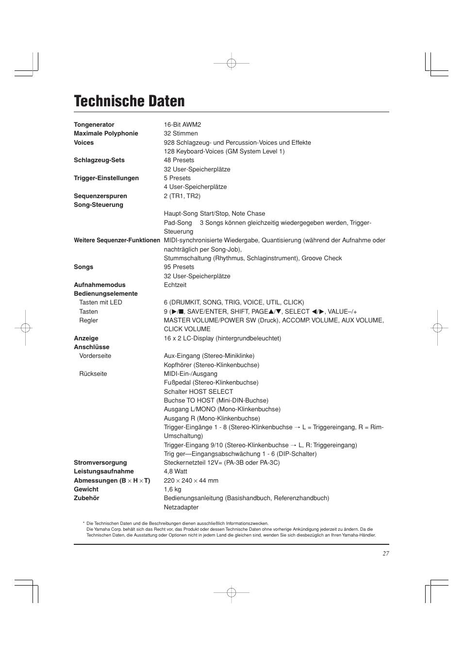 Technische daten | Yamaha DTXPRESS II User Manual | Page 87 / 184