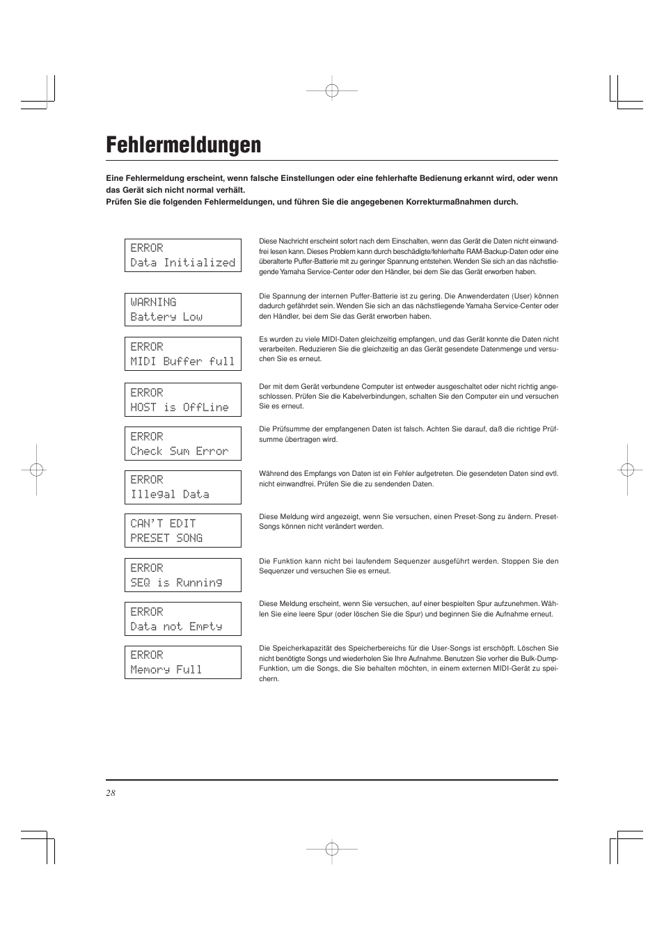 Fehlermeldungen | Yamaha DTXPRESS II User Manual | Page 88 / 184