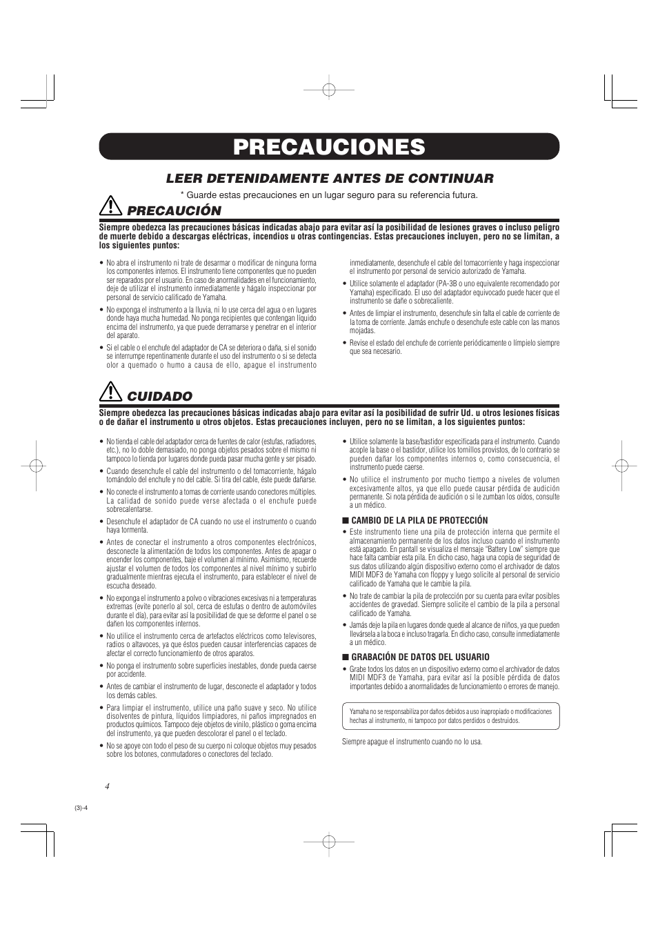 Precauciones, Leer detenidamente antes de continuar, Precaución | Cuidado | Yamaha DTXPRESS II User Manual | Page 94 / 184