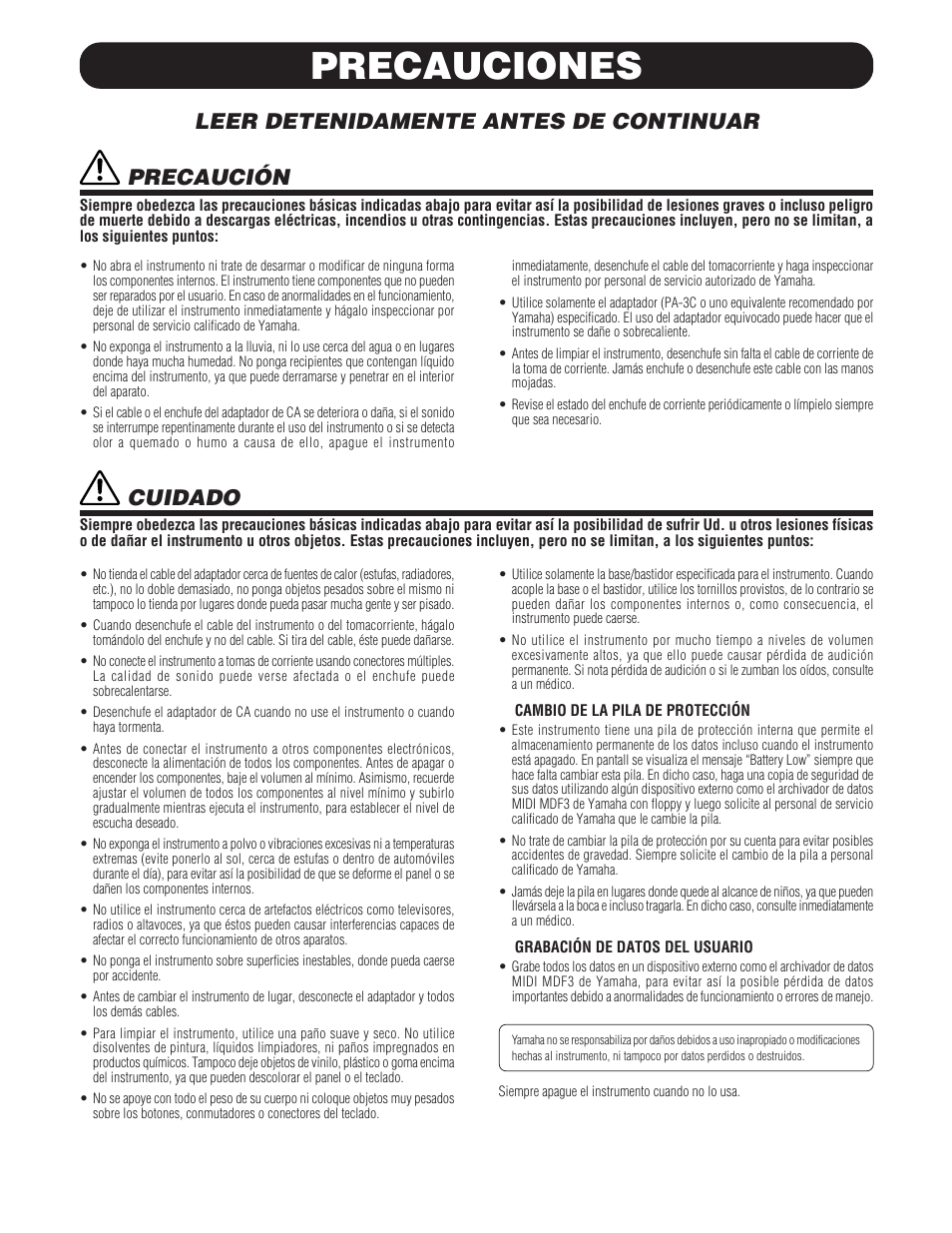 Precauciones, Leer detenidamente antes de continuar, Precaución | Cuidado | Yamaha DTXPRESS III User Manual | Page 100 / 196