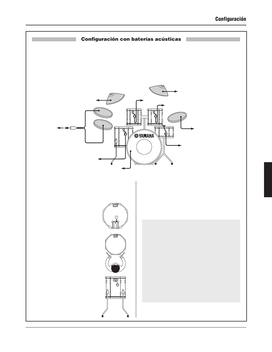 Configuración, Configuración con baterías acústicas, 13 ■ retirada de los triggers de tambor | Colocación del trigger de tambor, Cuidado de los triggers de tambor | Yamaha DTXPRESS III User Manual | Page 109 / 196