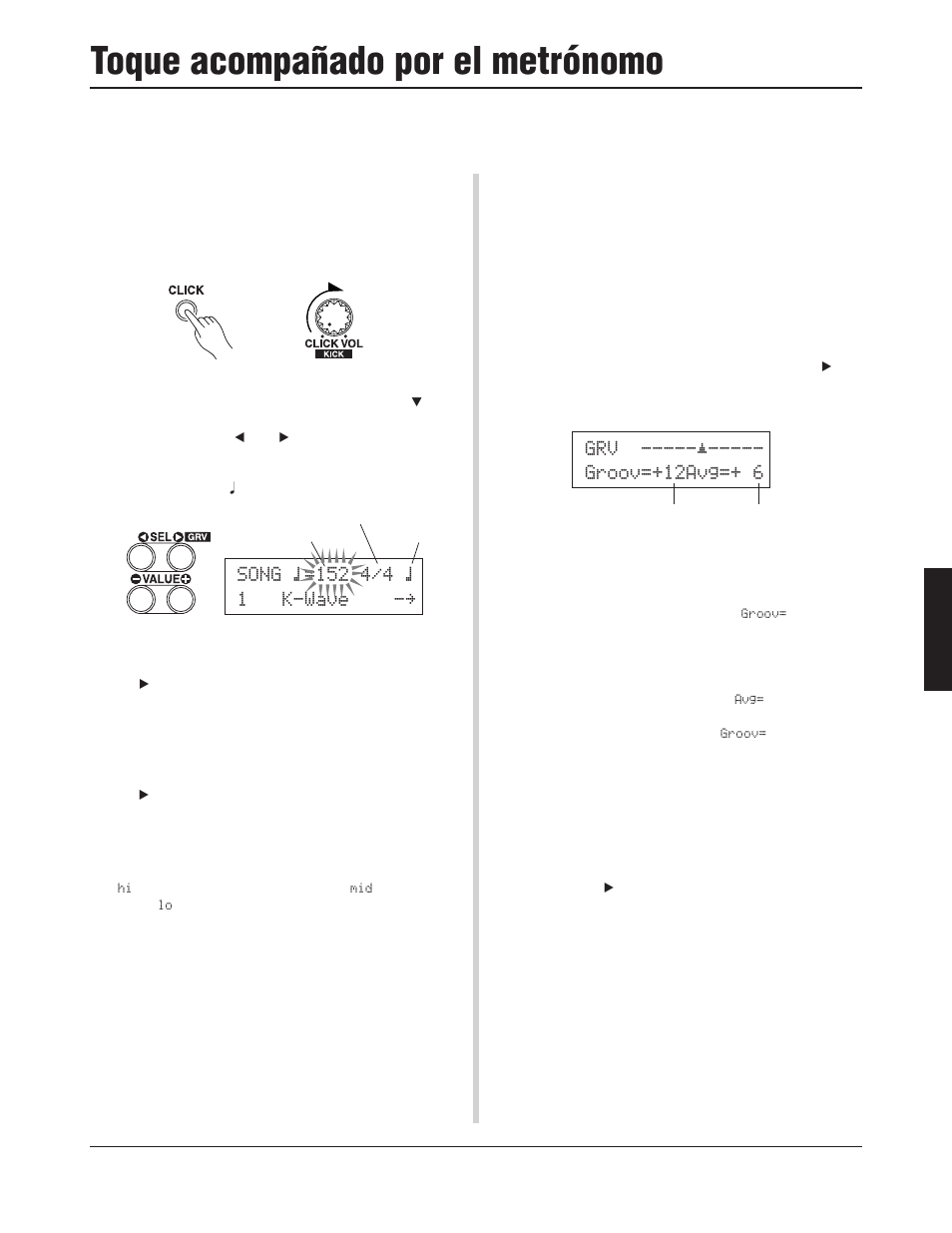 Toque acompañado por el metrónomo, Grv -----¨----- groov=+12avg=+ 6 | Yamaha DTXPRESS III User Manual | Page 115 / 196