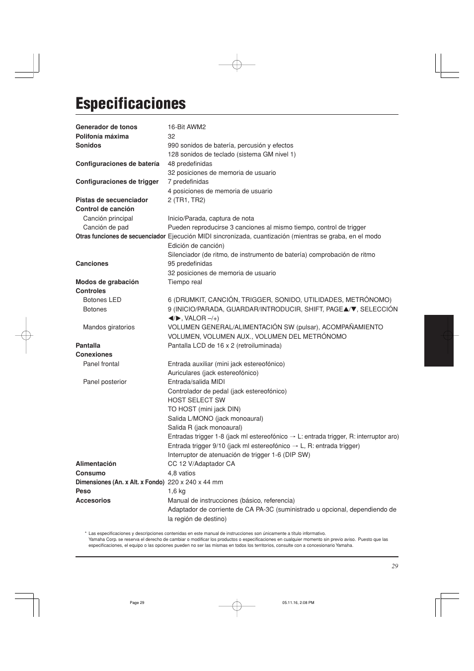 Especificaciones | Yamaha DTXPRESS III User Manual | Page 125 / 196