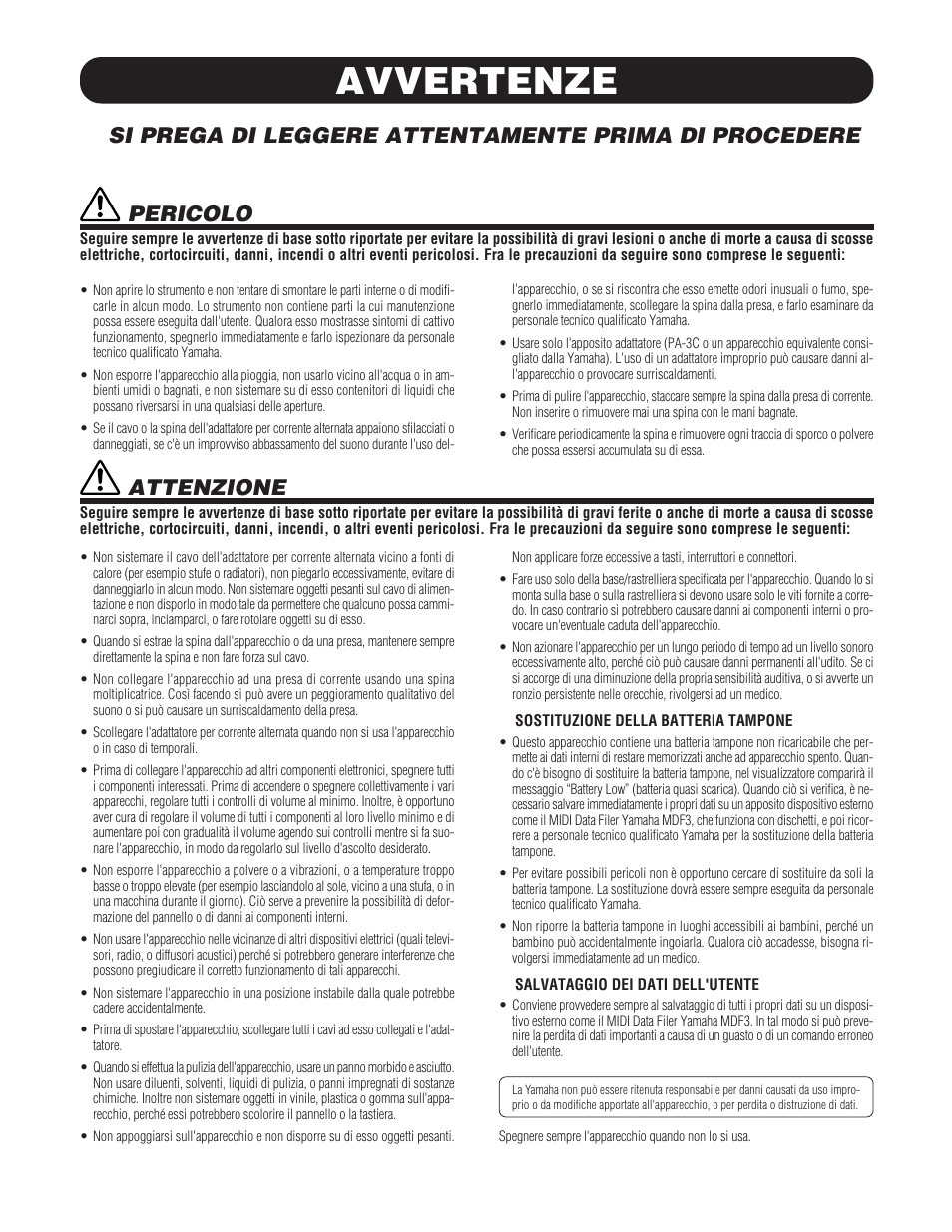 Avvertenze, Pericolo, Attenzione | Yamaha DTXPRESS III User Manual | Page 132 / 196