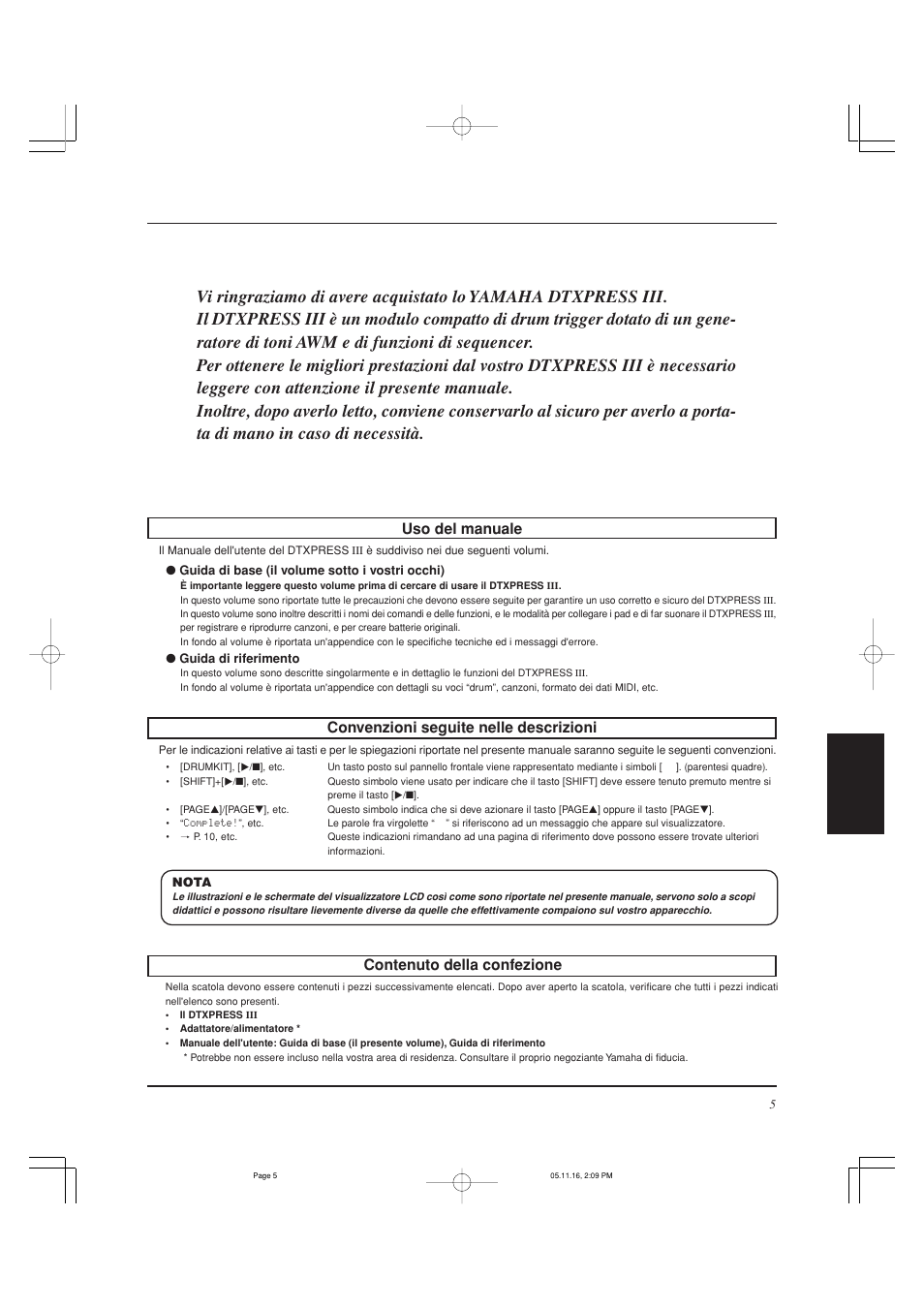 Contenuto della confezione, Uso del manuale, Convenzioni seguite nelle descrizioni | Yamaha DTXPRESS III User Manual | Page 133 / 196