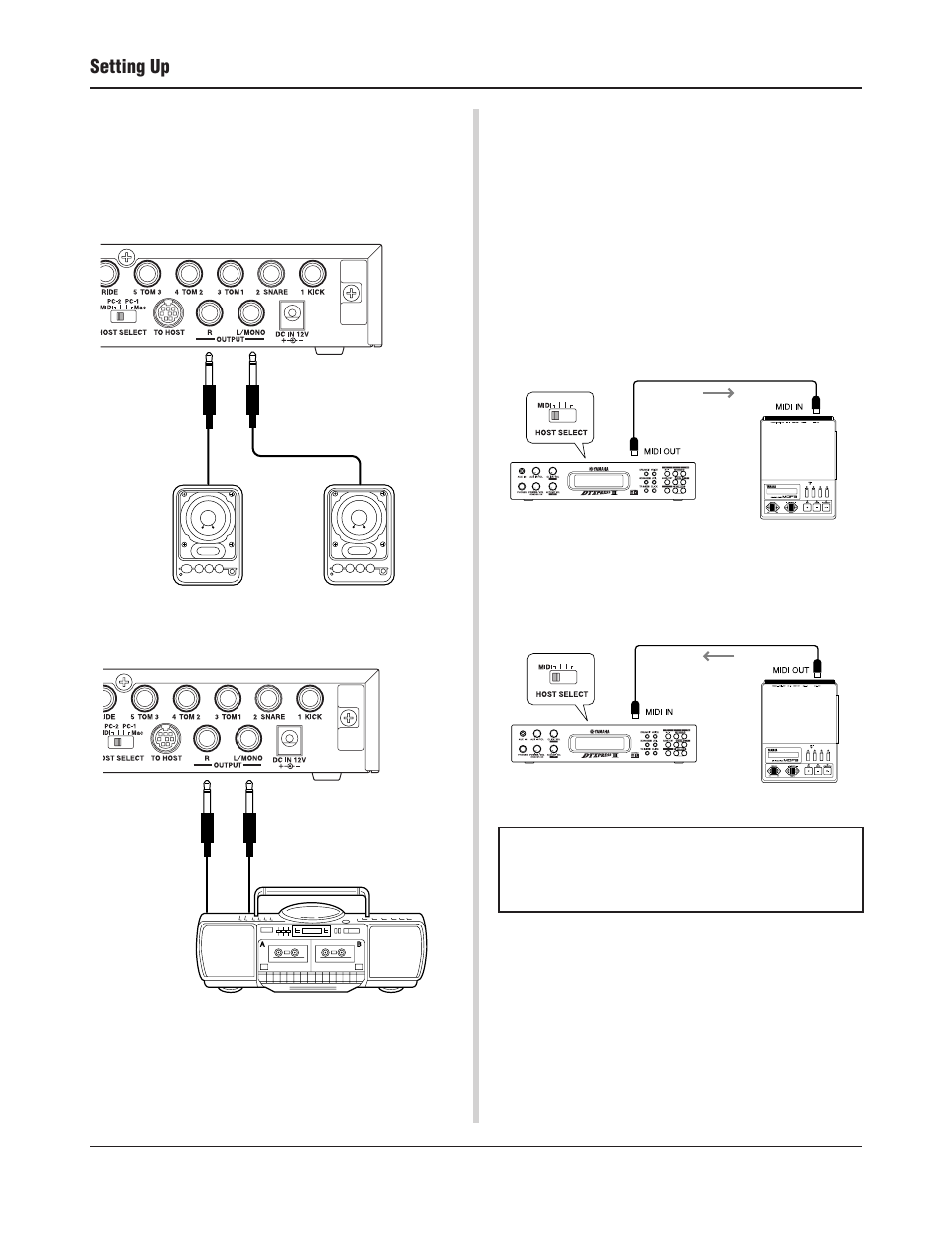 Setting up, Connecting a mixer or audio equipment, Connecting a midi device | Connecting a computer | Yamaha DTXPRESS III User Manual | Page 14 / 196