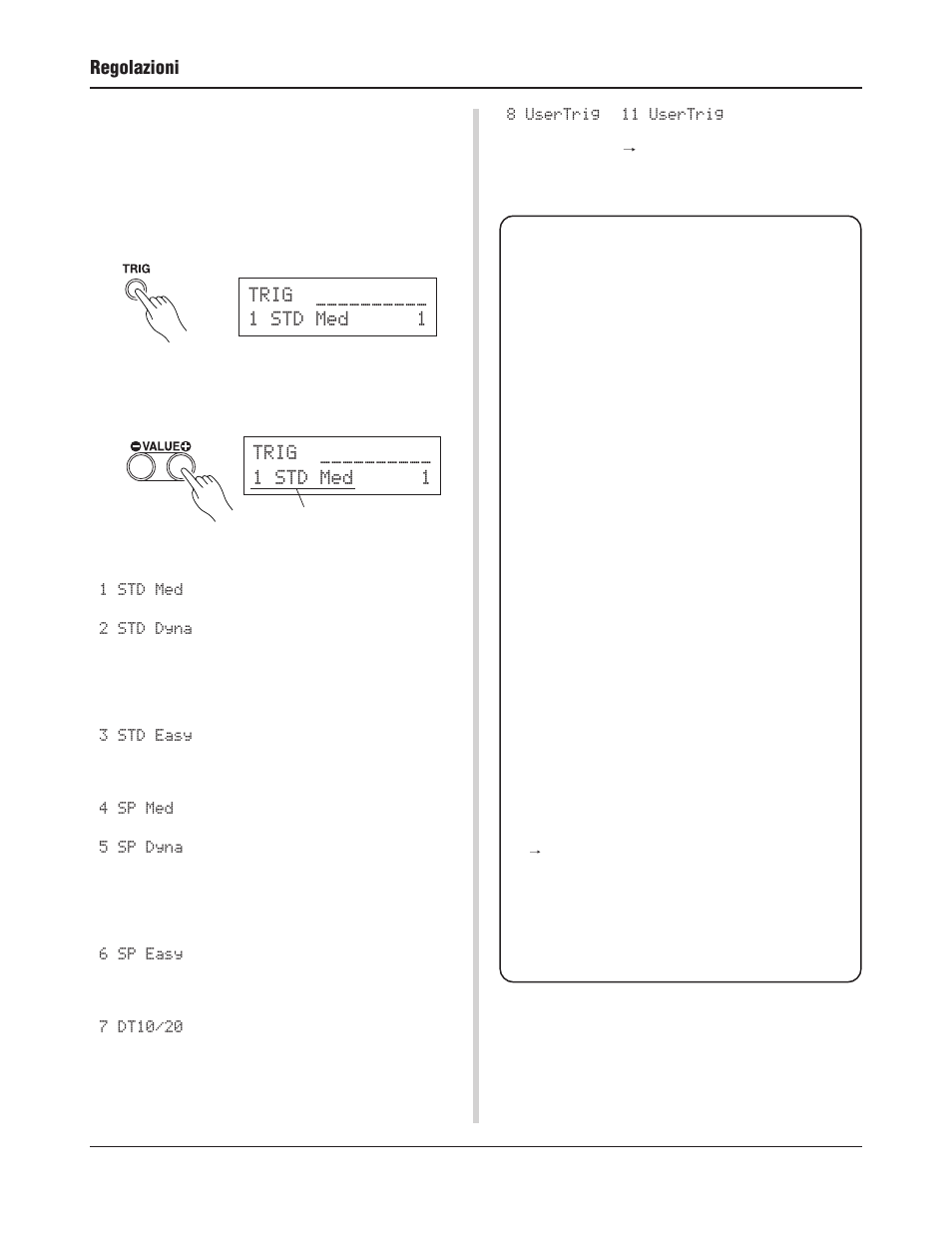 Regolazioni, Trig std med 1 trig std med 1 | Yamaha DTXPRESS III User Manual | Page 140 / 196