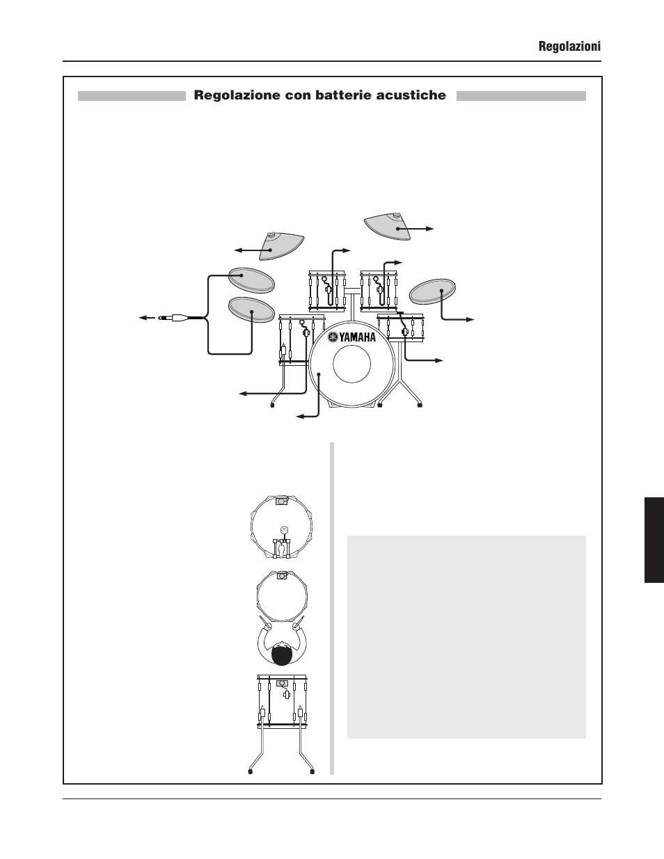 Regolazioni, Regolazione con batterie acustiche, 13 ■ rimozione dei drum trigger | Montaggio del drum trigger, Manutenzione dei drum trigger | Yamaha DTXPRESS III User Manual | Page 141 / 196