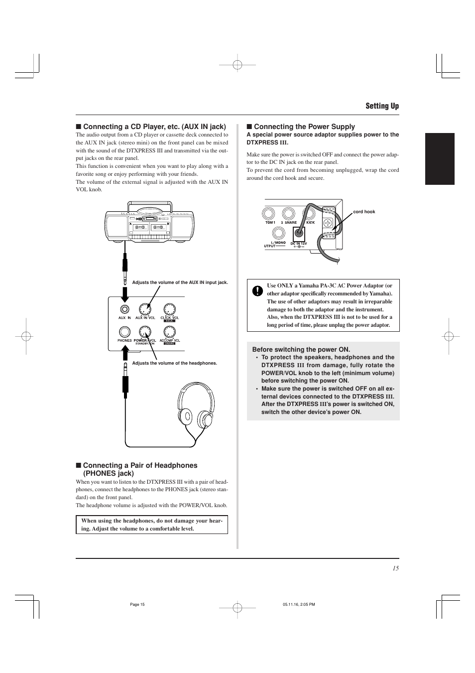 Setting up | Yamaha DTXPRESS III User Manual | Page 15 / 196