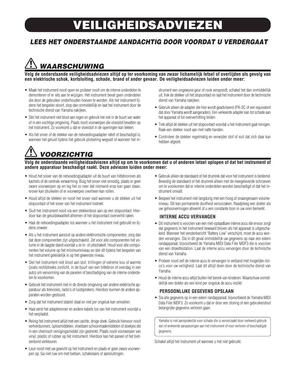 Veiligheidsadviezen, Waarschuwing, Voorzichtig | Yamaha DTXPRESS III User Manual | Page 164 / 196