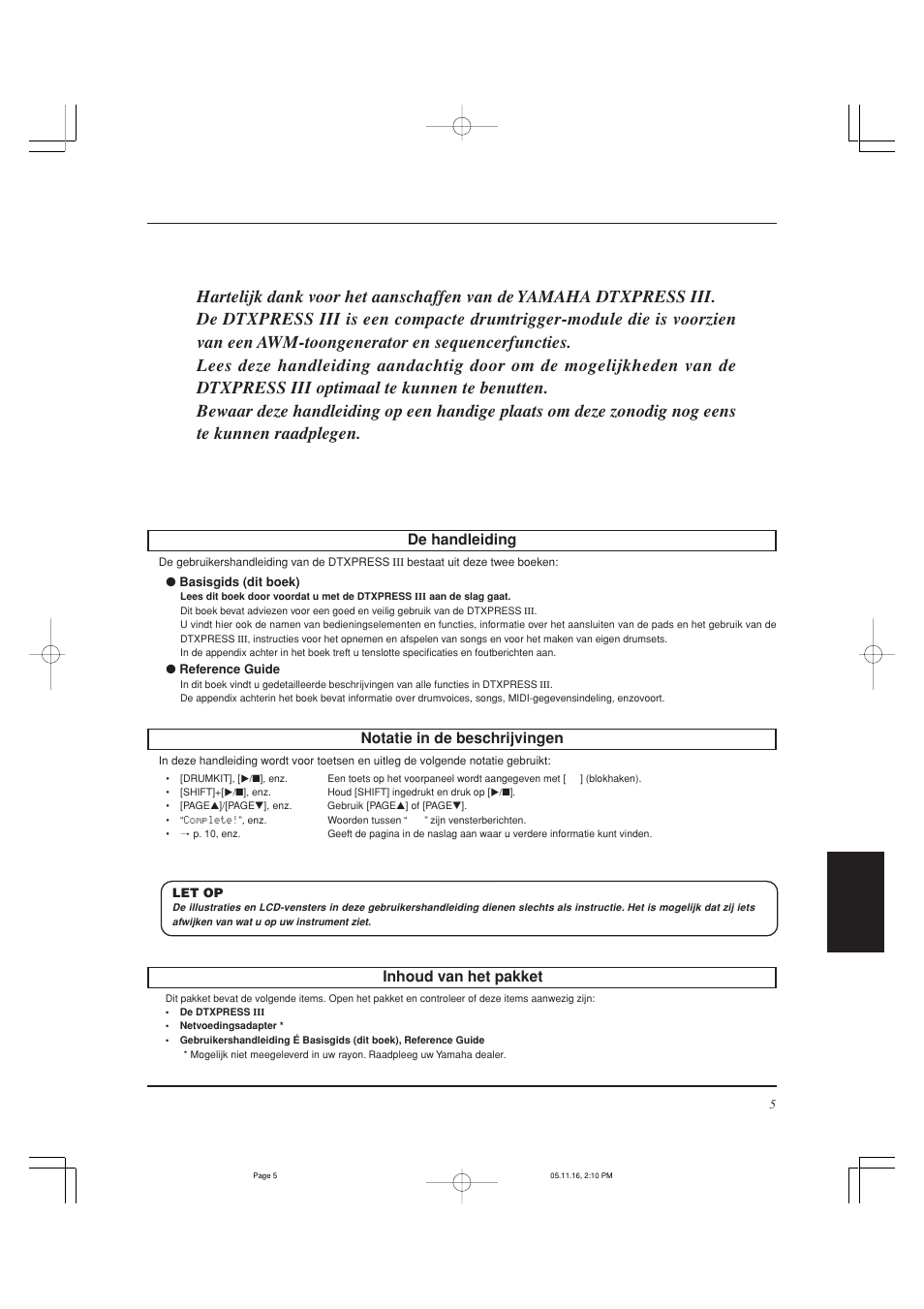 Inhoud van het pakket, De handleiding, Notatie in de beschrijvingen | Yamaha DTXPRESS III User Manual | Page 165 / 196