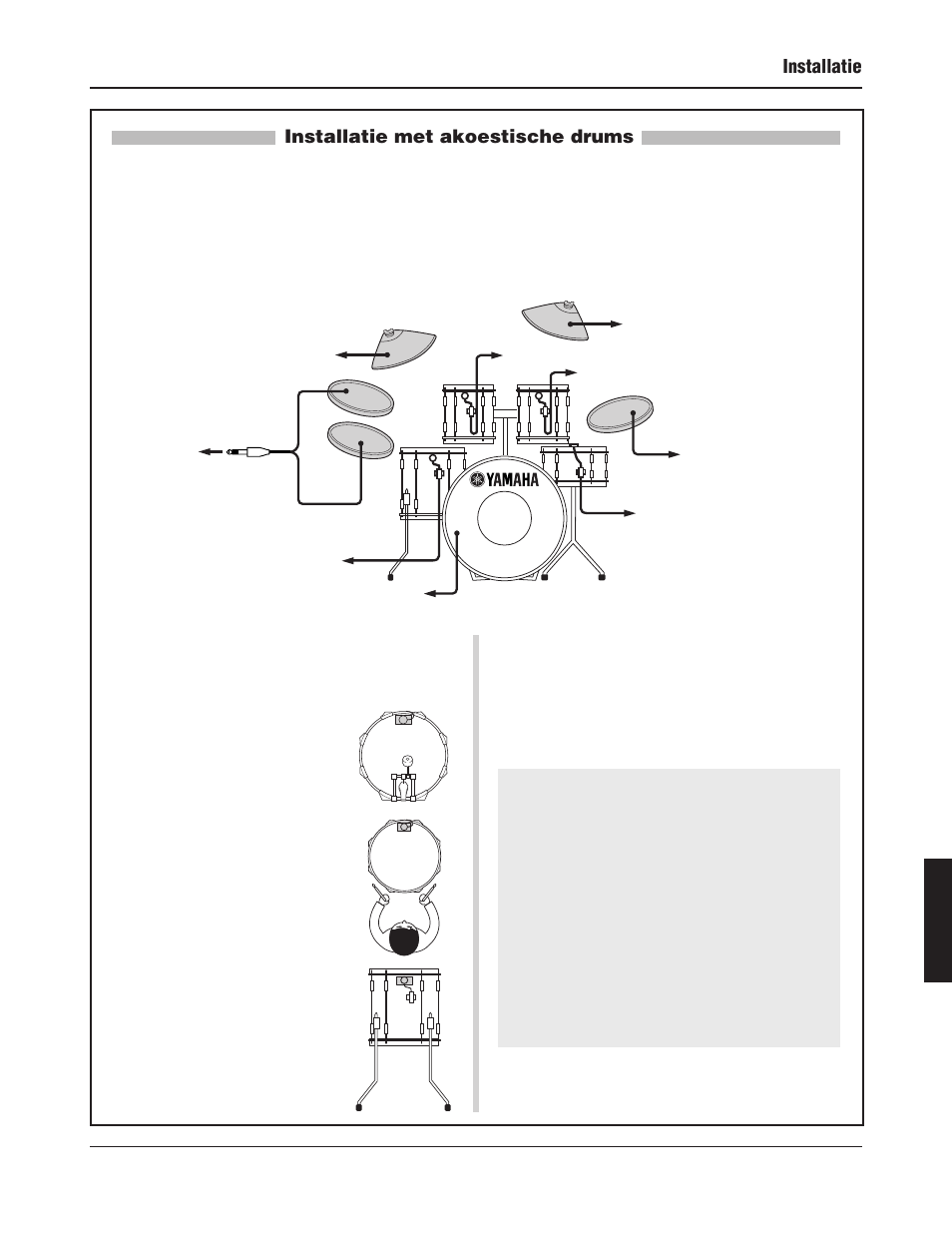 Installatie, Installatie met akoestische drums, 13 ■ drumtriggers verwijderen | Drumtrigger bevestigen, Onderhoud van de drumtriggers | Yamaha DTXPRESS III User Manual | Page 173 / 196