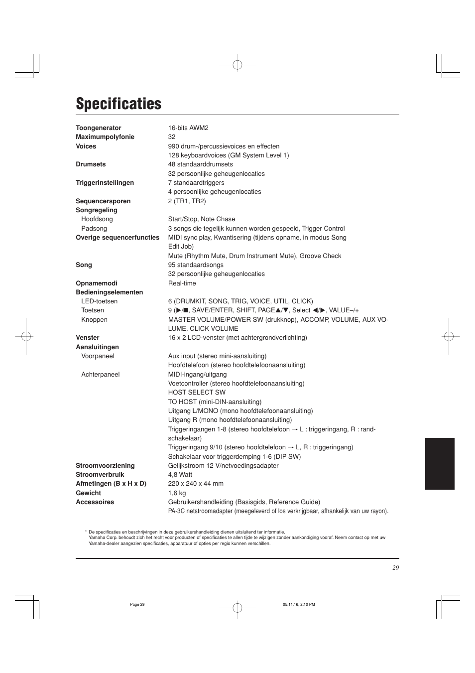 Specificaties | Yamaha DTXPRESS III User Manual | Page 189 / 196