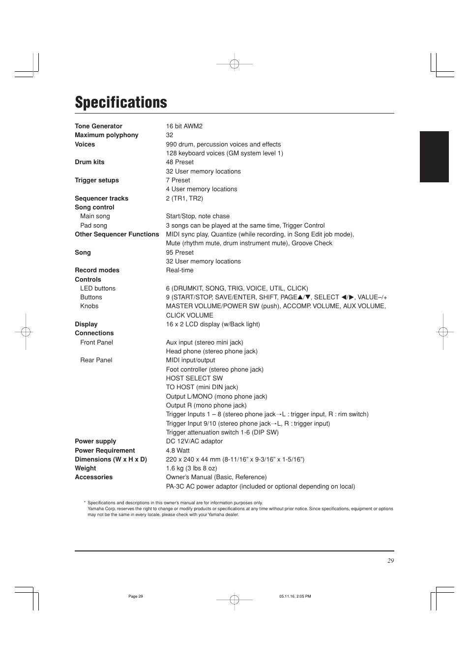 Specifications | Yamaha DTXPRESS III User Manual | Page 29 / 196