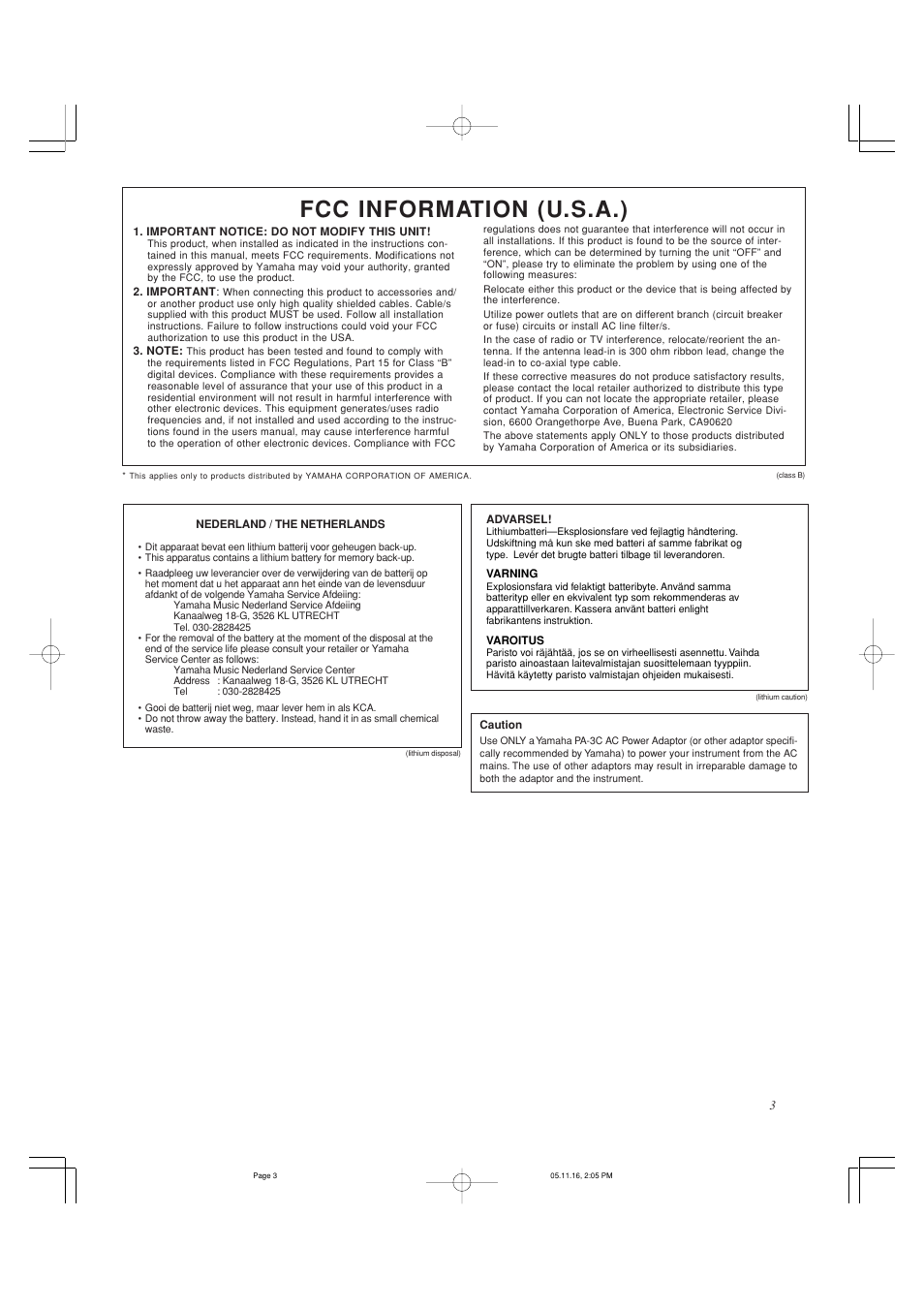 Fcc information (u.s.a.) | Yamaha DTXPRESS III User Manual | Page 3 / 196