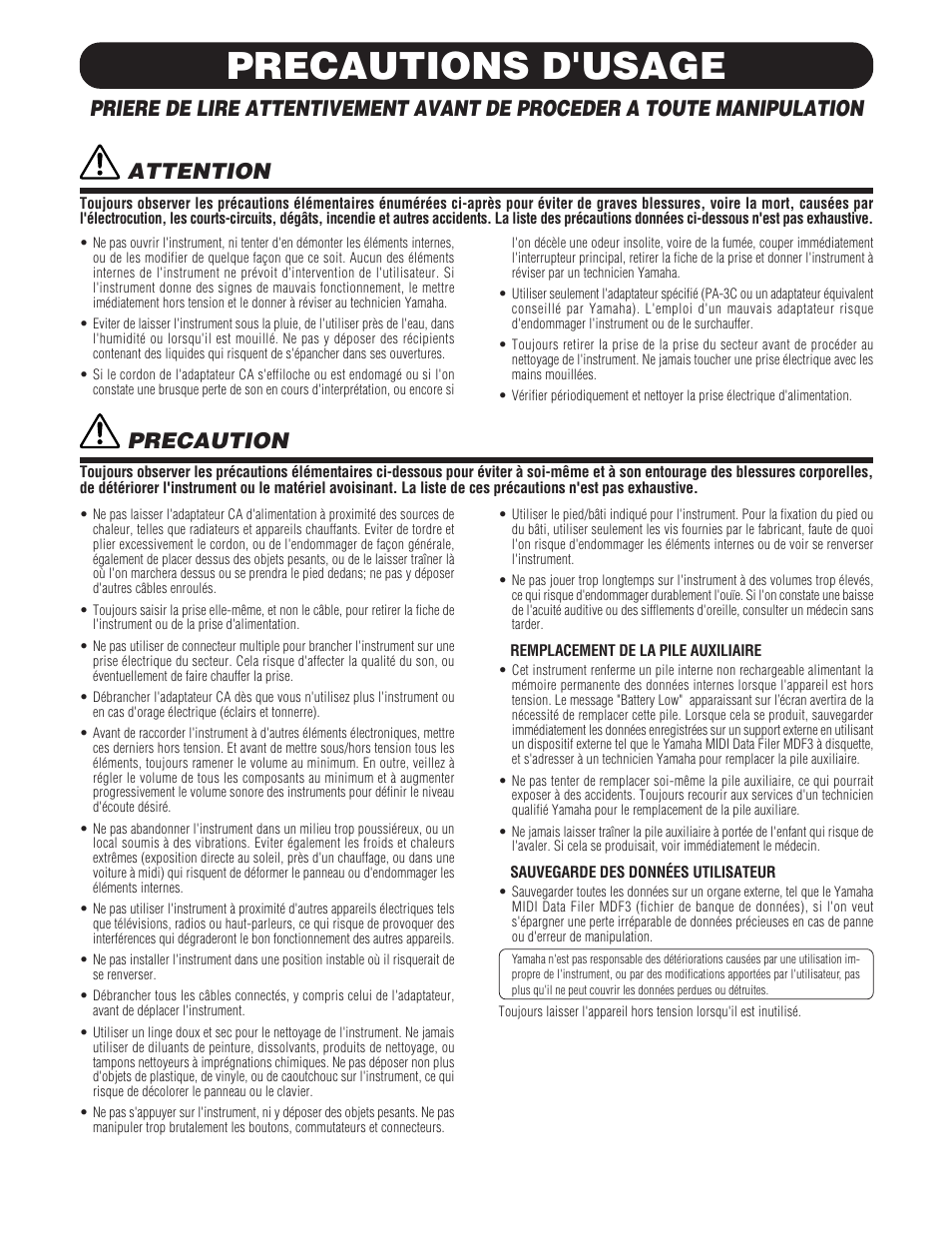 Precautions d'usage, Attention, Precaution | Yamaha DTXPRESS III User Manual | Page 36 / 196